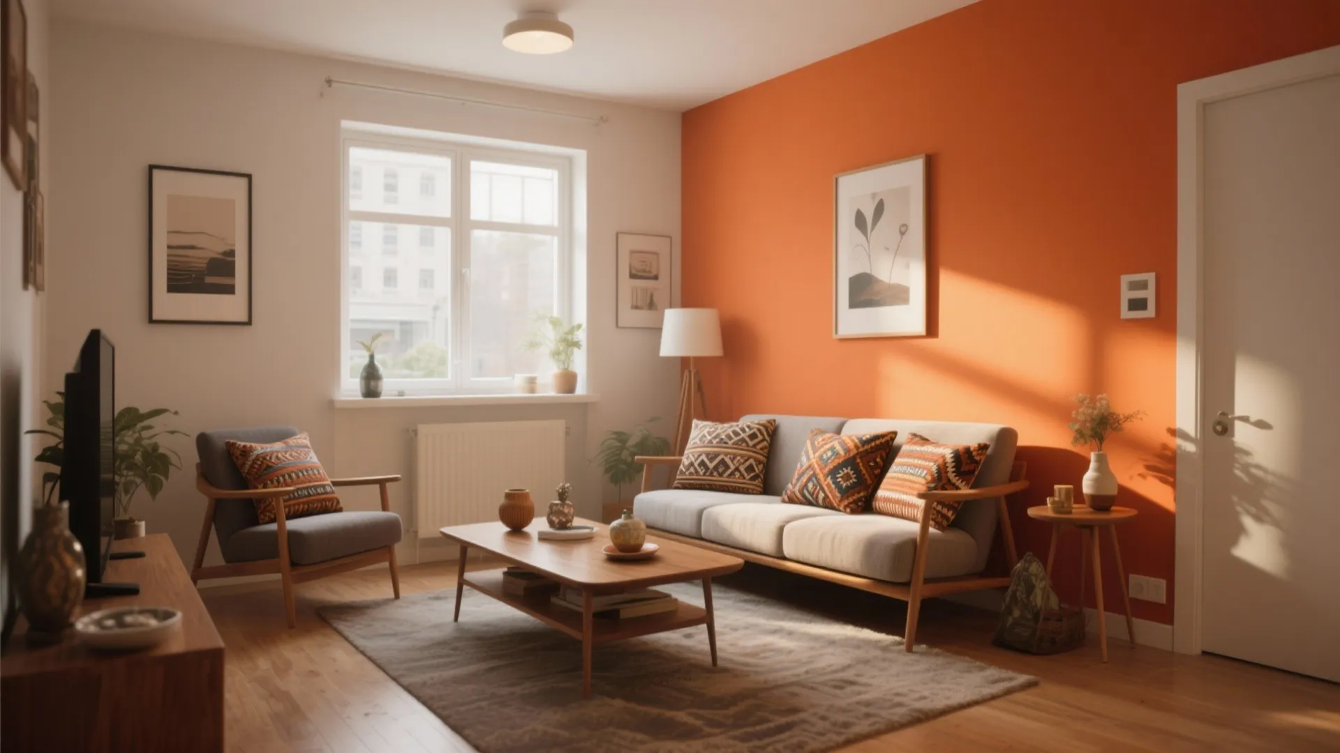 Modern living room featuring orange accent wall grey sofa wooden coffee table and natural light