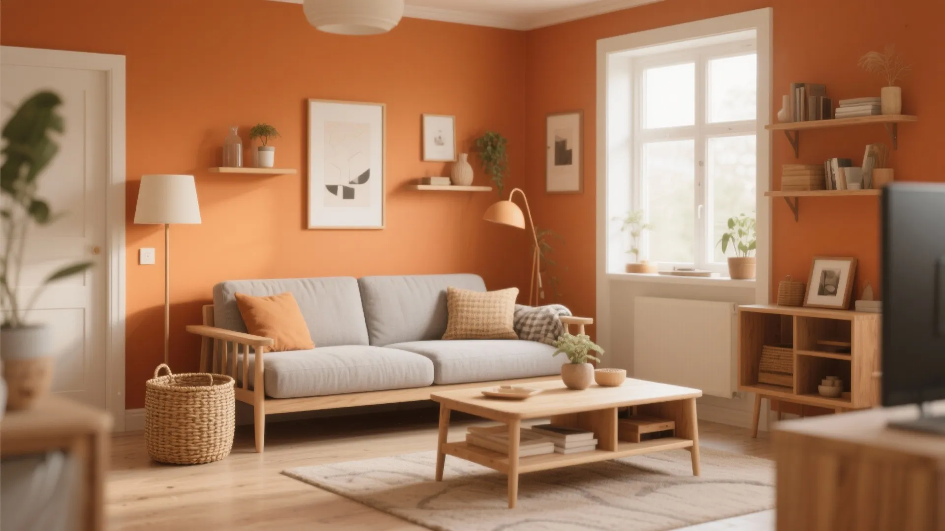 Modern living room with orange walls grey sofa wooden coffee table white window and natural light