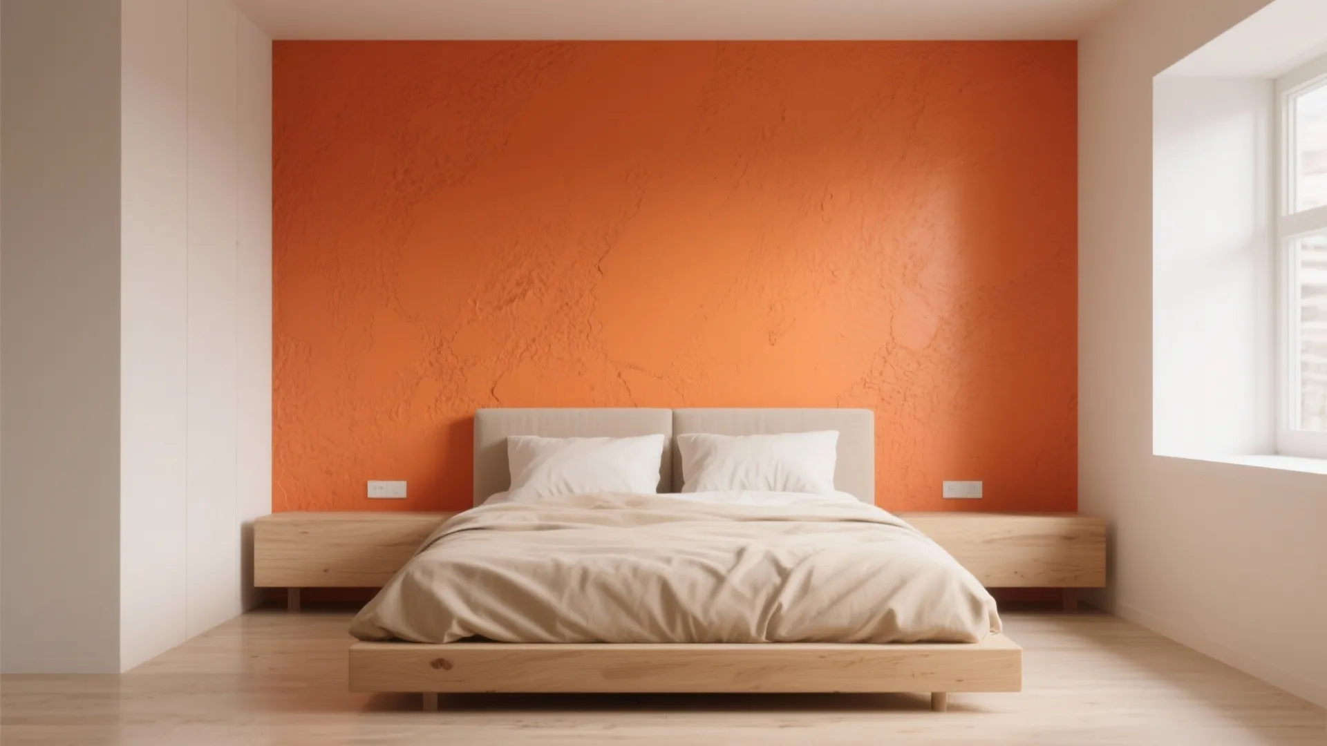 Minimalist bedroom with a burnt orange accent wall and beige furniture