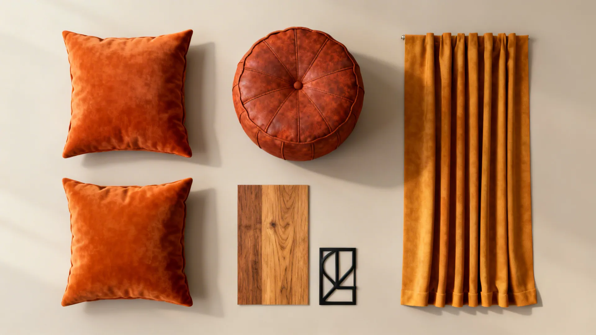 Flatlay of burnt orange cushions, rust pouf, wood and black metal swatches for a living room palette.