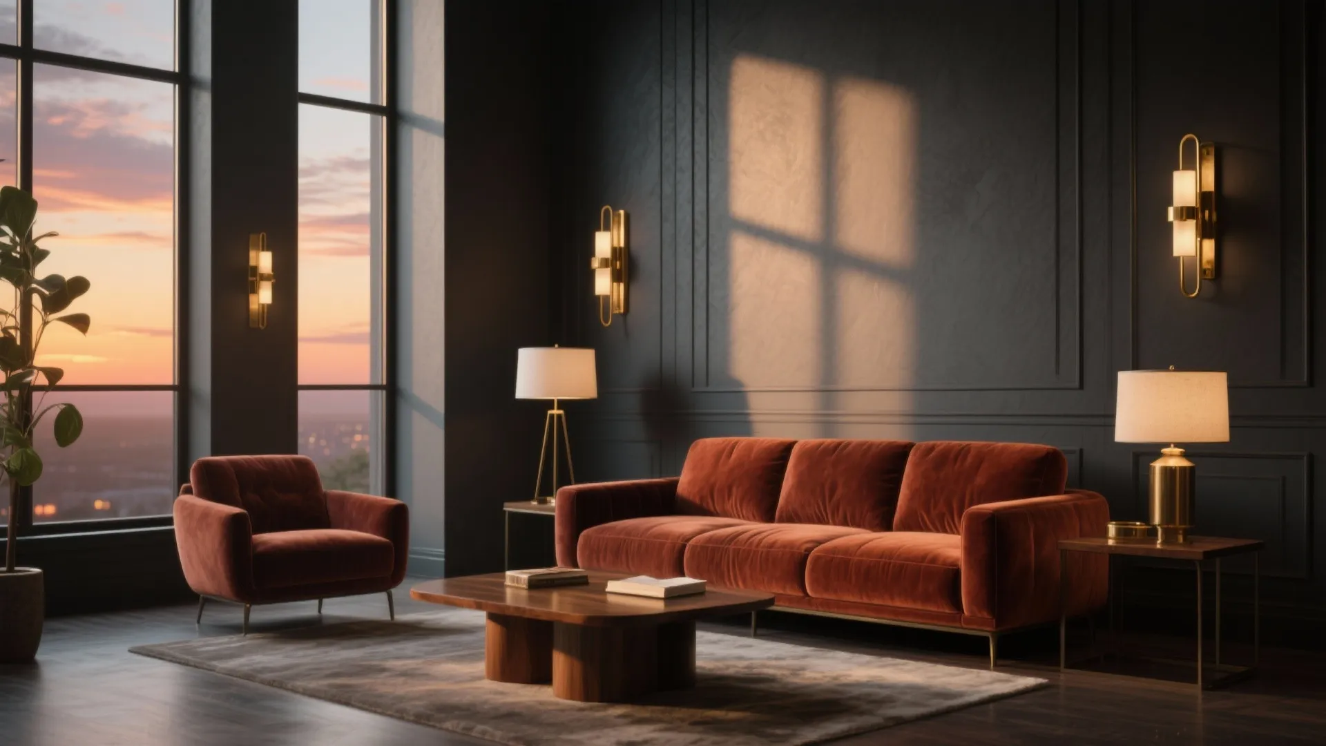 Dark grey living room with orange velvet sofa armchair wood table wall lights and large windows