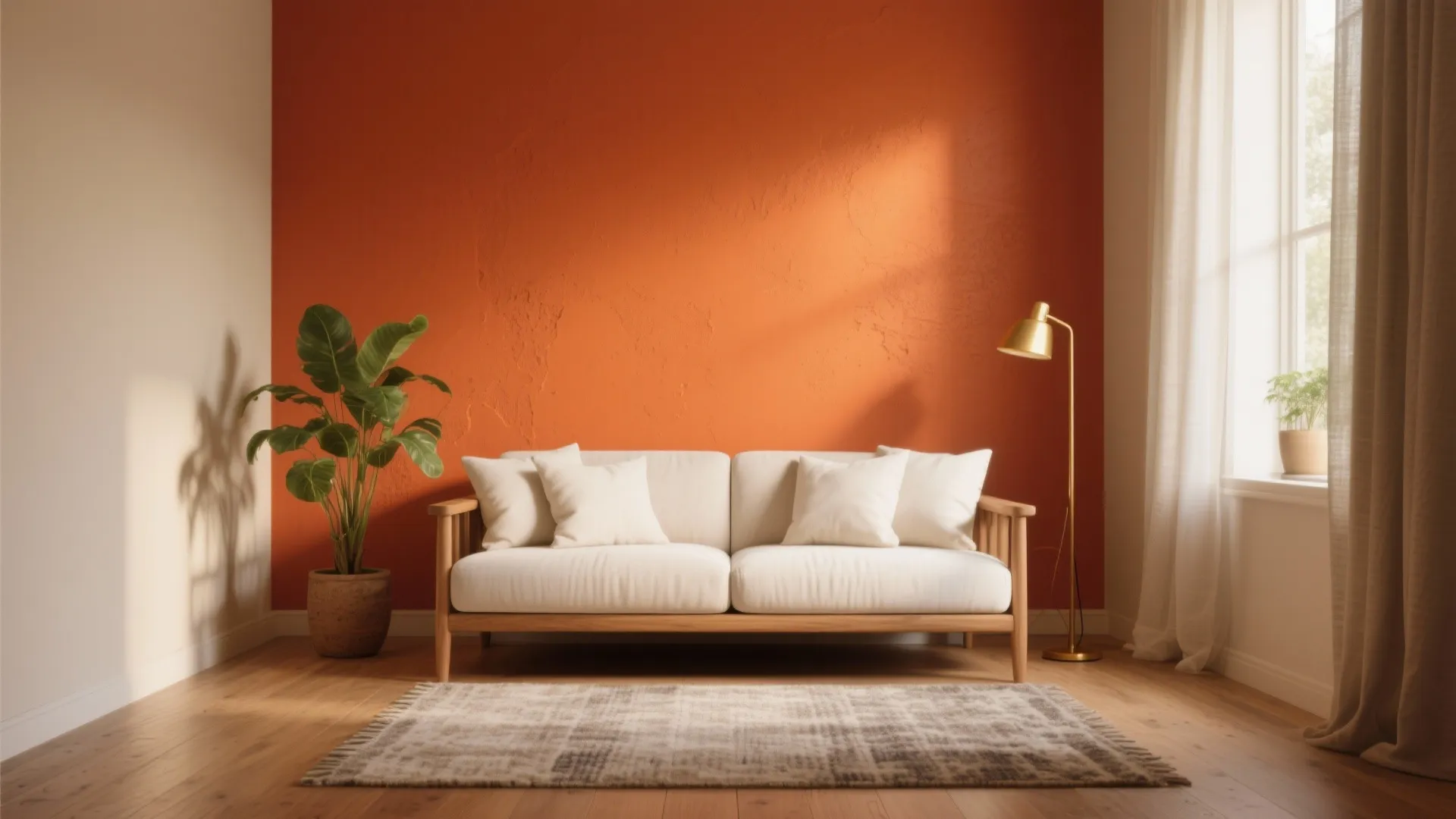 Modern living room with orange wall white sofa wooden floor gold floor lamp and plant