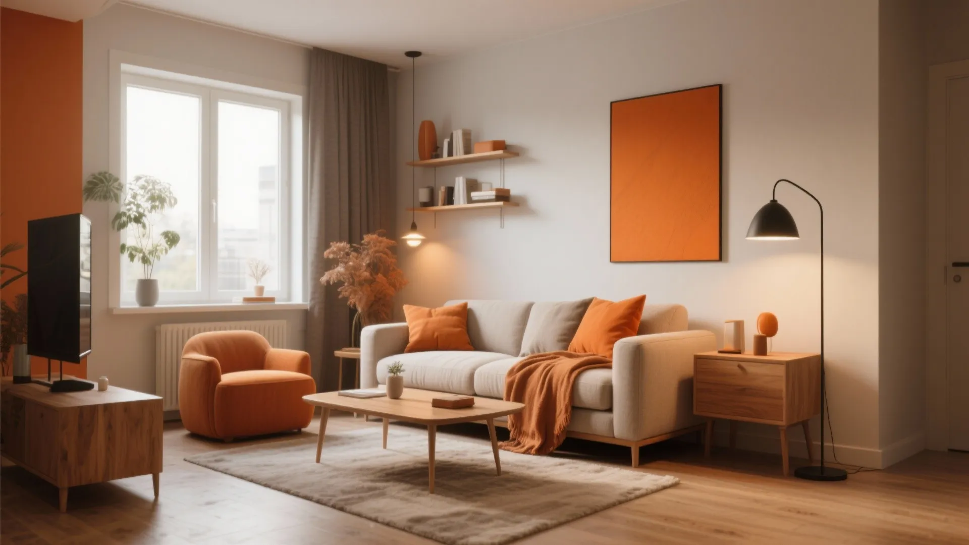 Living room with grey sofa orange pillows wooden coffee table and a black floor lamp