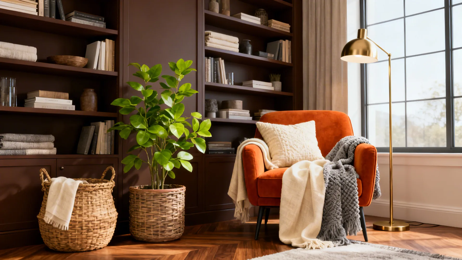 Orange armchair with blankets near dark bookshelf and green plant beside a gold floor lamp
