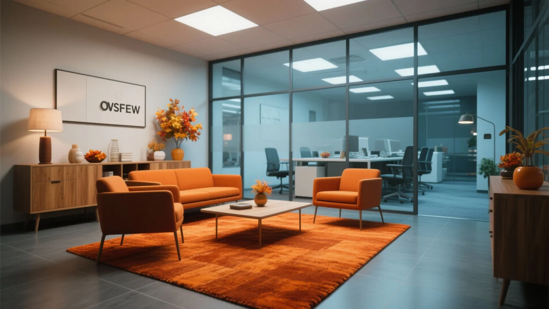 Modern office waiting area with orange rug, sofa, chairs, wooden cabinet, and glass partition wall