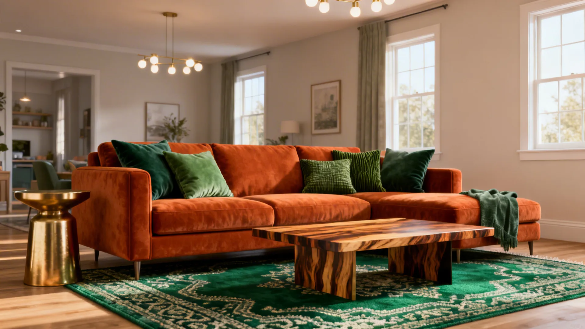 Burnt orange sofa styled with green pillows and an emerald rug in a modern living room