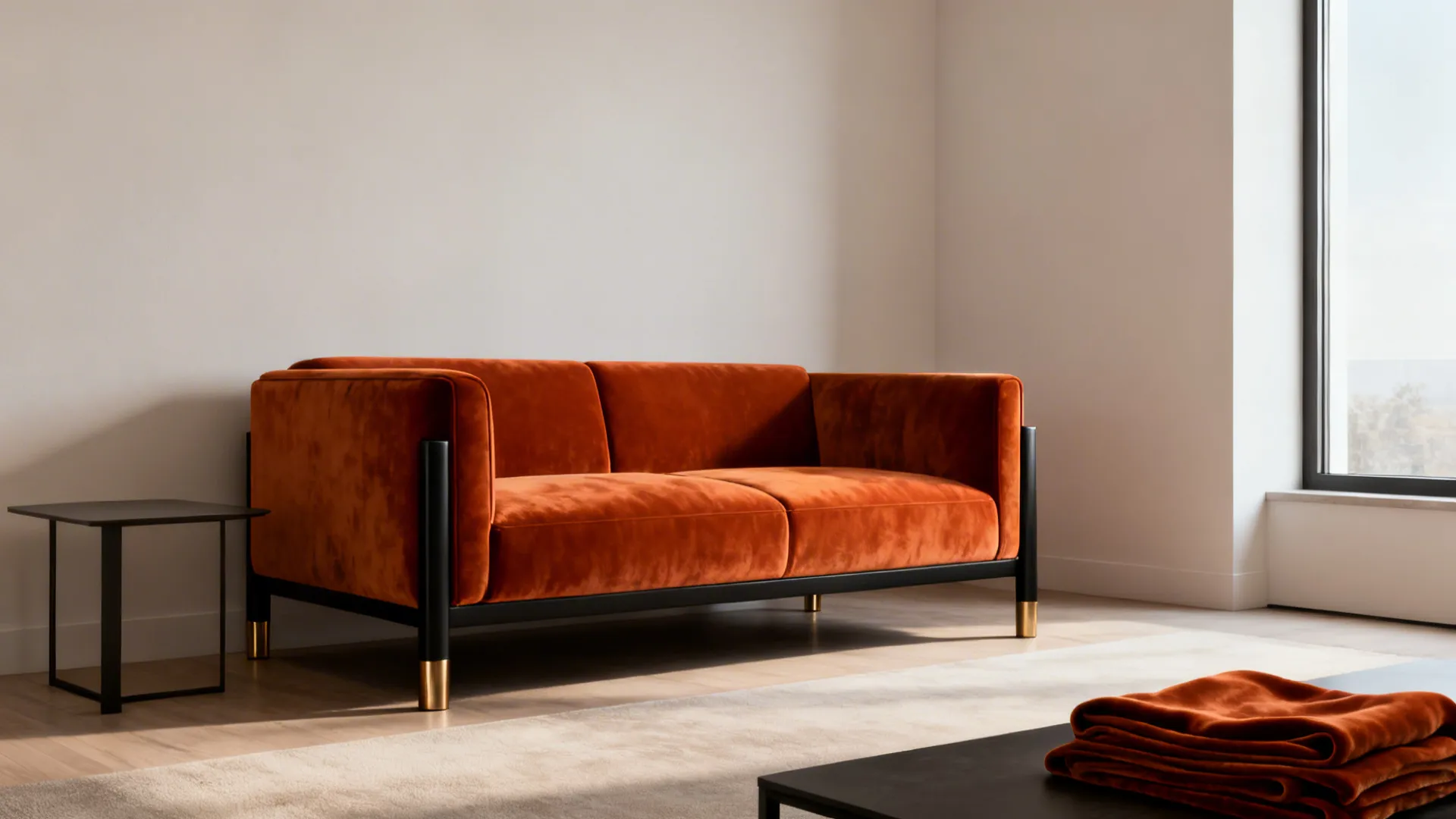 Compact living room centered on a burnt orange velvet sofa with brass and black accents.