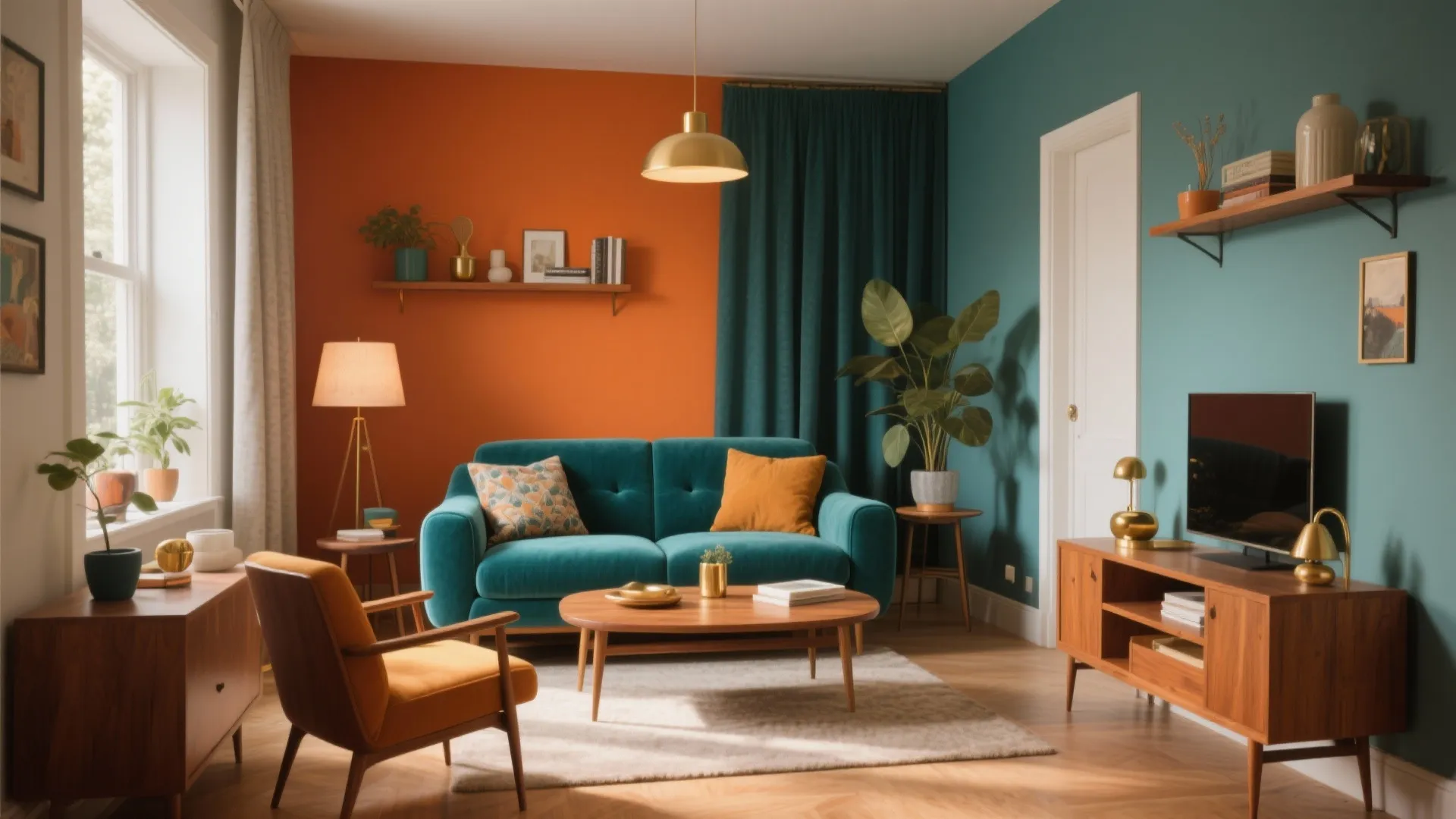 Teal sofa in living room with orange and teal walls, wooden table, gold ceiling light