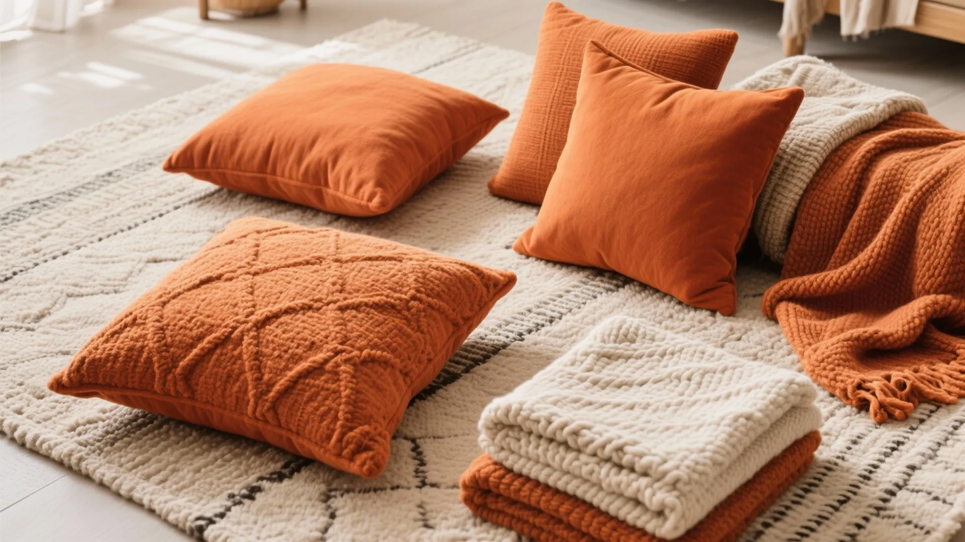 Collection of orange pillows and textured blankets placed on a cream patterned rug in sunlight