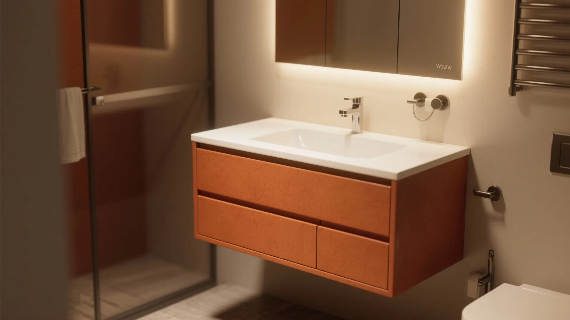 Modern orange bathroom cabinet with white sink chrome faucet and mirror with warm back light