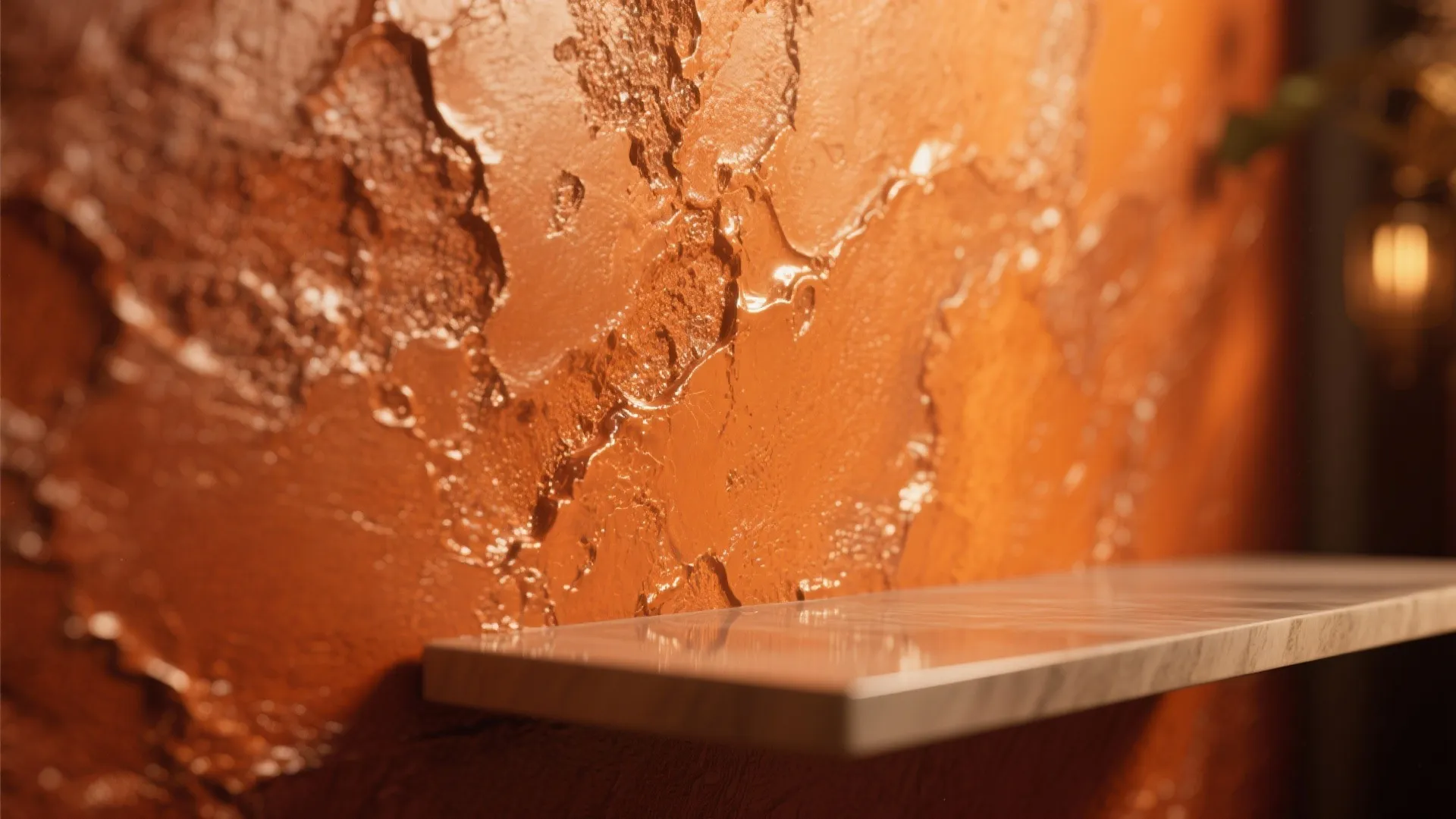 Close up of an orange textured wall with rough plaster finish and wooden shelf detail