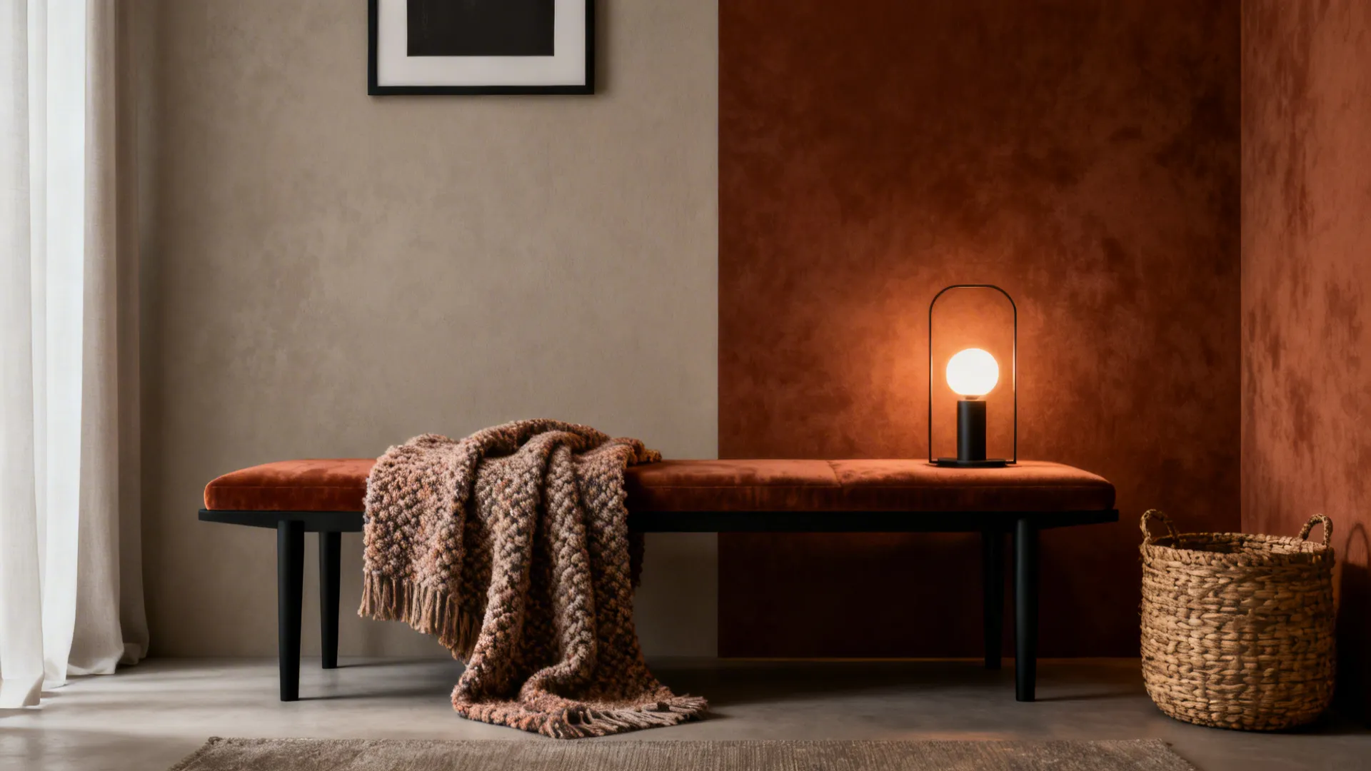 Cozy living room with burnt sienna accents, warm greige walls and black details