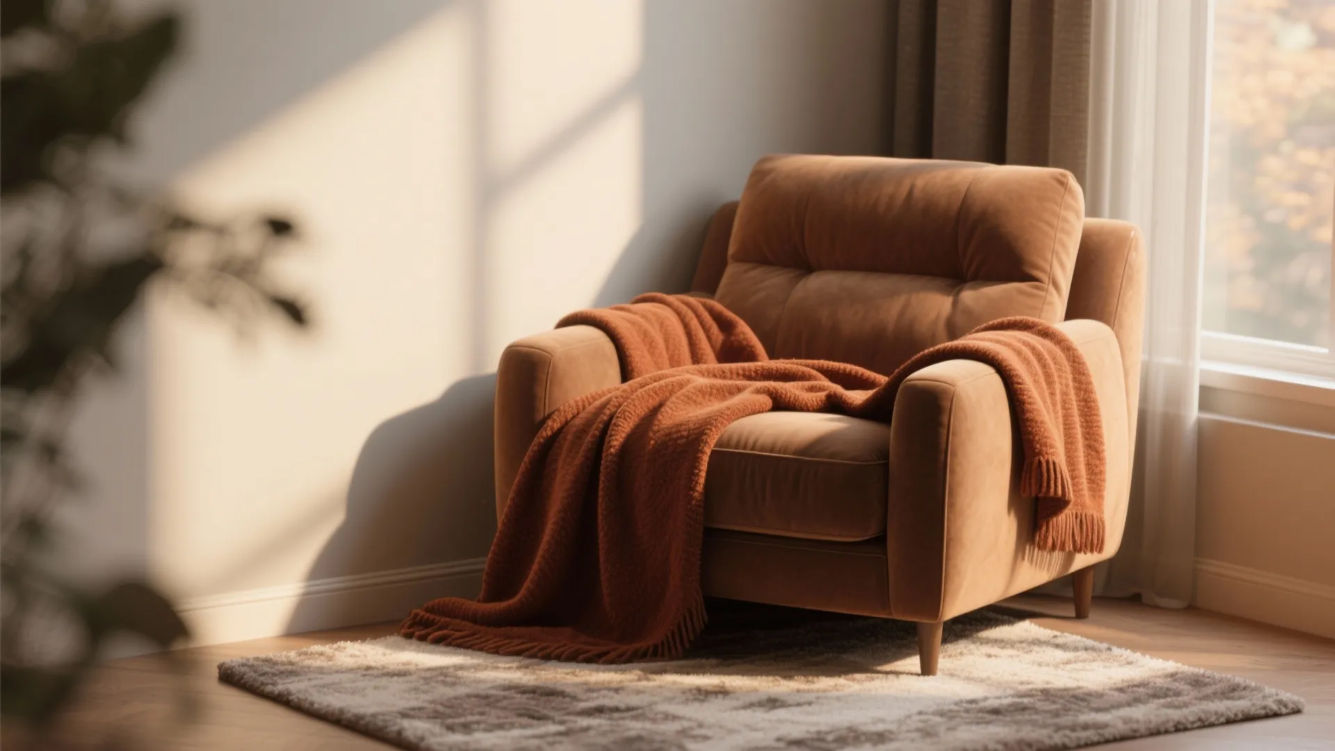 Burnt sienna throw blanket draped over mocha armchair