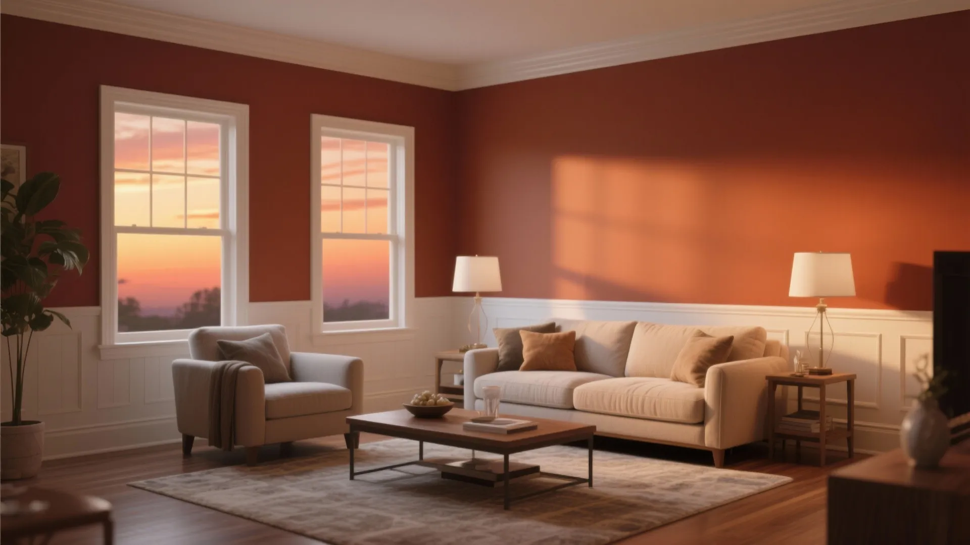 Living room with burnt orange walls white wall panel wooden floor beige sofa and sunset windows