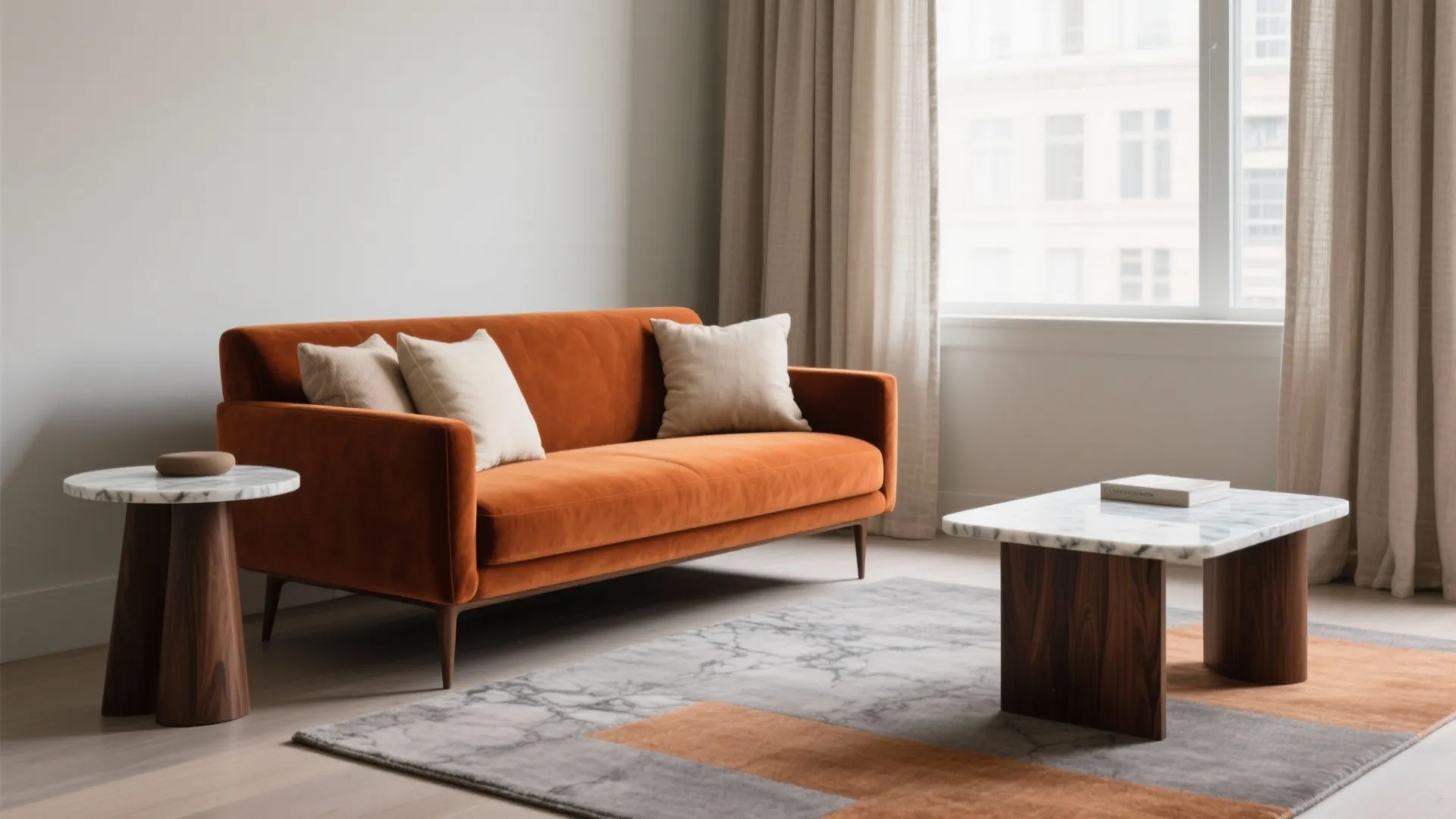 Burnt Orange Accent Sofa with Layered Neutrals