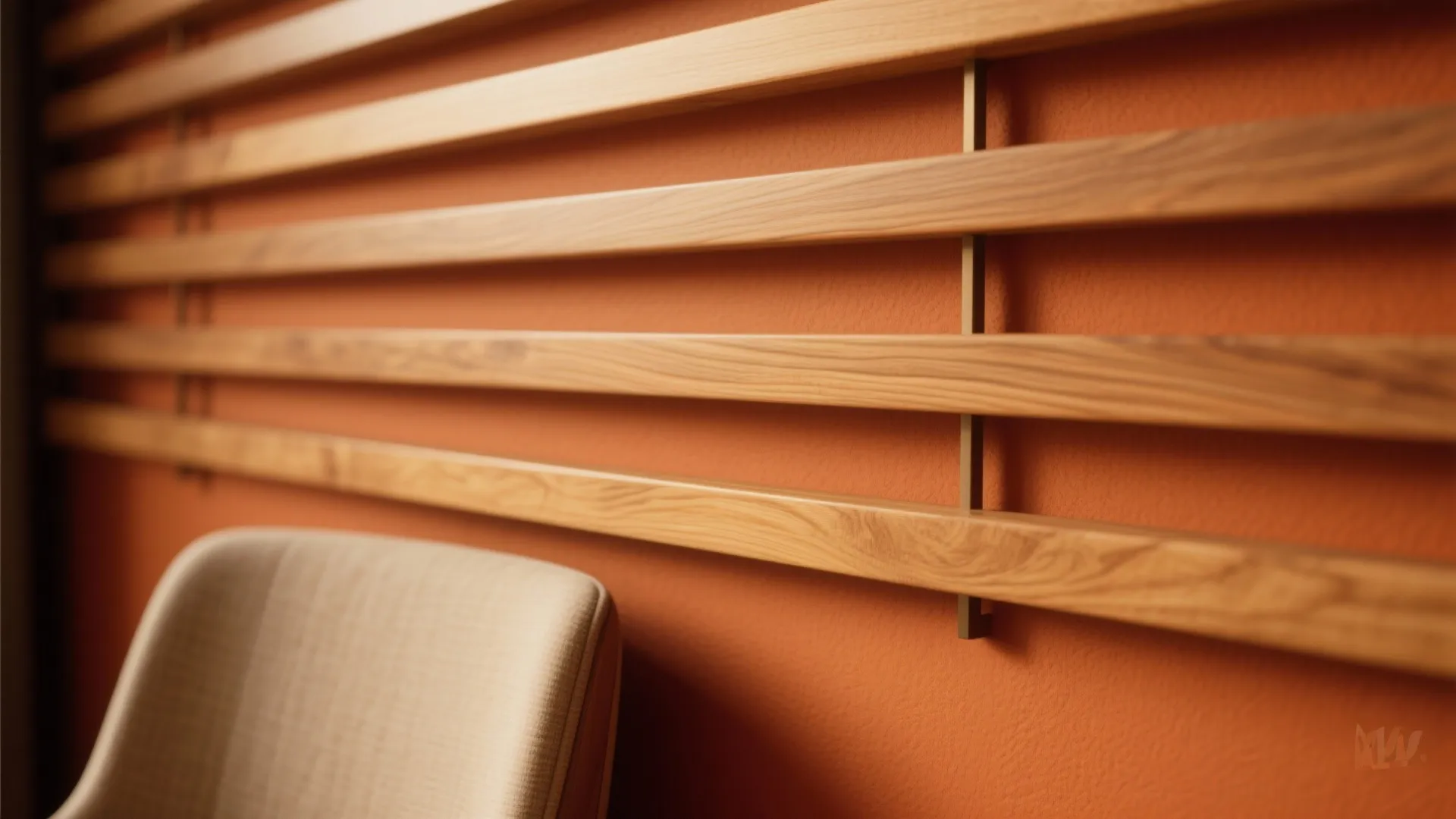 Close up of horizontal wooden wall slats on orange background with beige chair in foreground