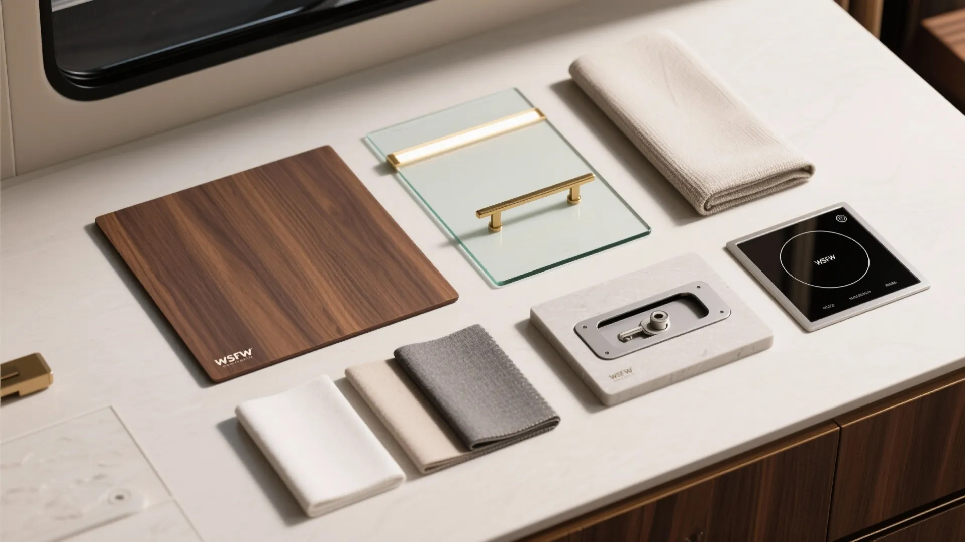Interior design material samples including wood panel glass plate fabric swatches stone tile and cooktop