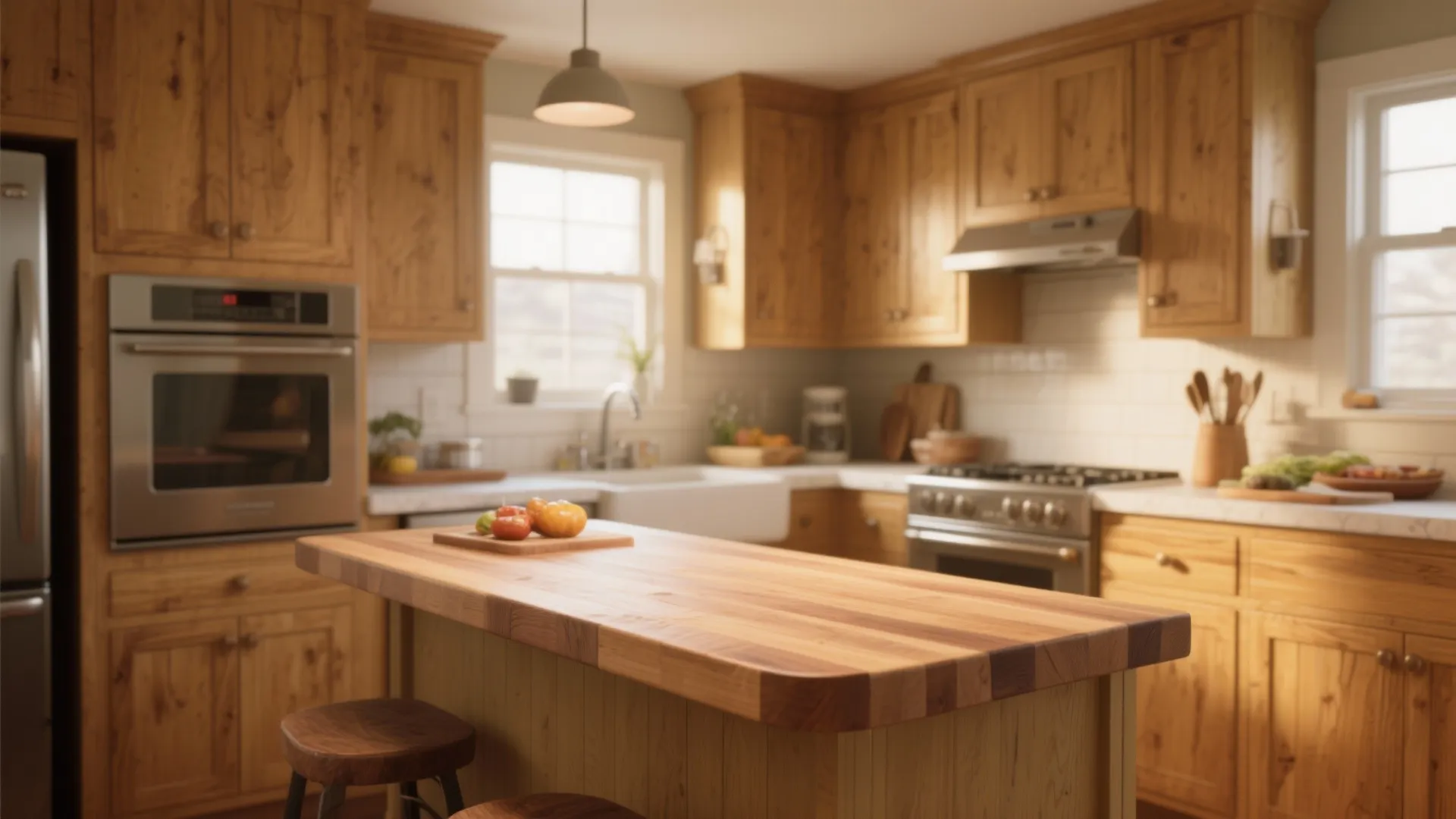 Rustic kitchen featuring wooden cabinets wood island countertop stools stainless oven and bright window with light