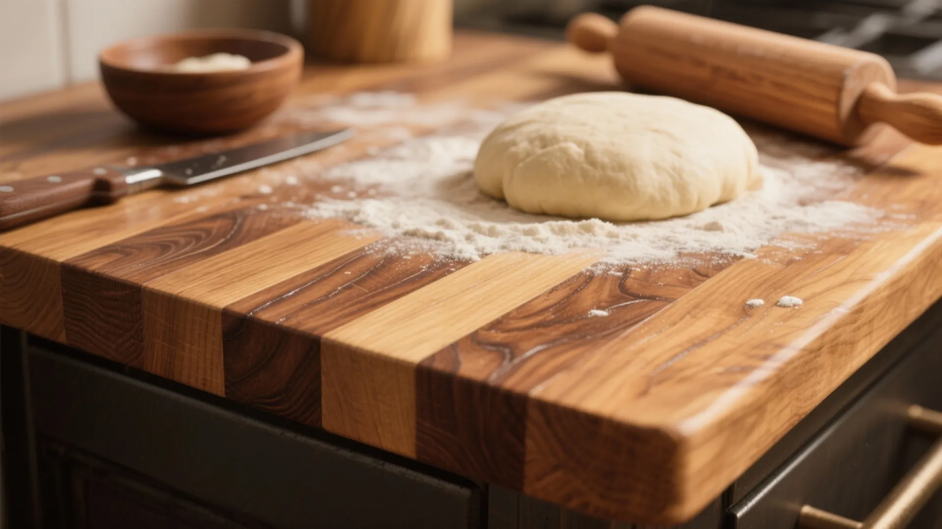 Close up of bread dough on a wooden cutting board with flour rolling pin and knife