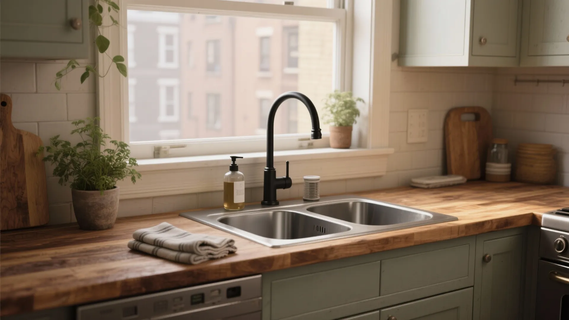Modern kitchen with black water tap double sink wooden countertop green cabinets and large bright window