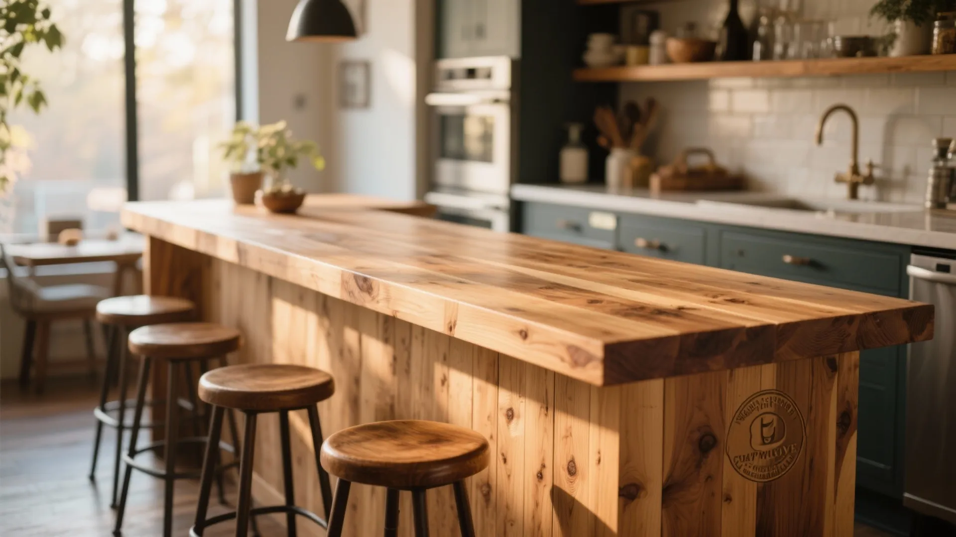 Modern kitchen featuring a thick wooden butcher block breakfast bar with four round wooden stools