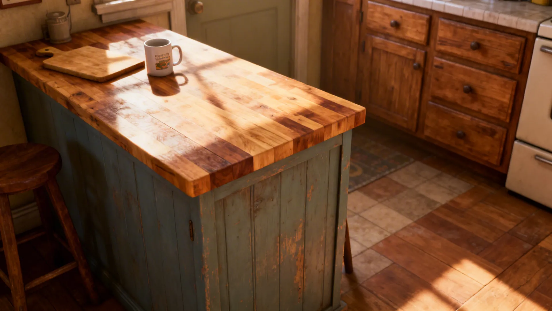 Small island with butcher block countertop and wood cabinets, styled as a cozy breakfast spot with a mug and cutting board.