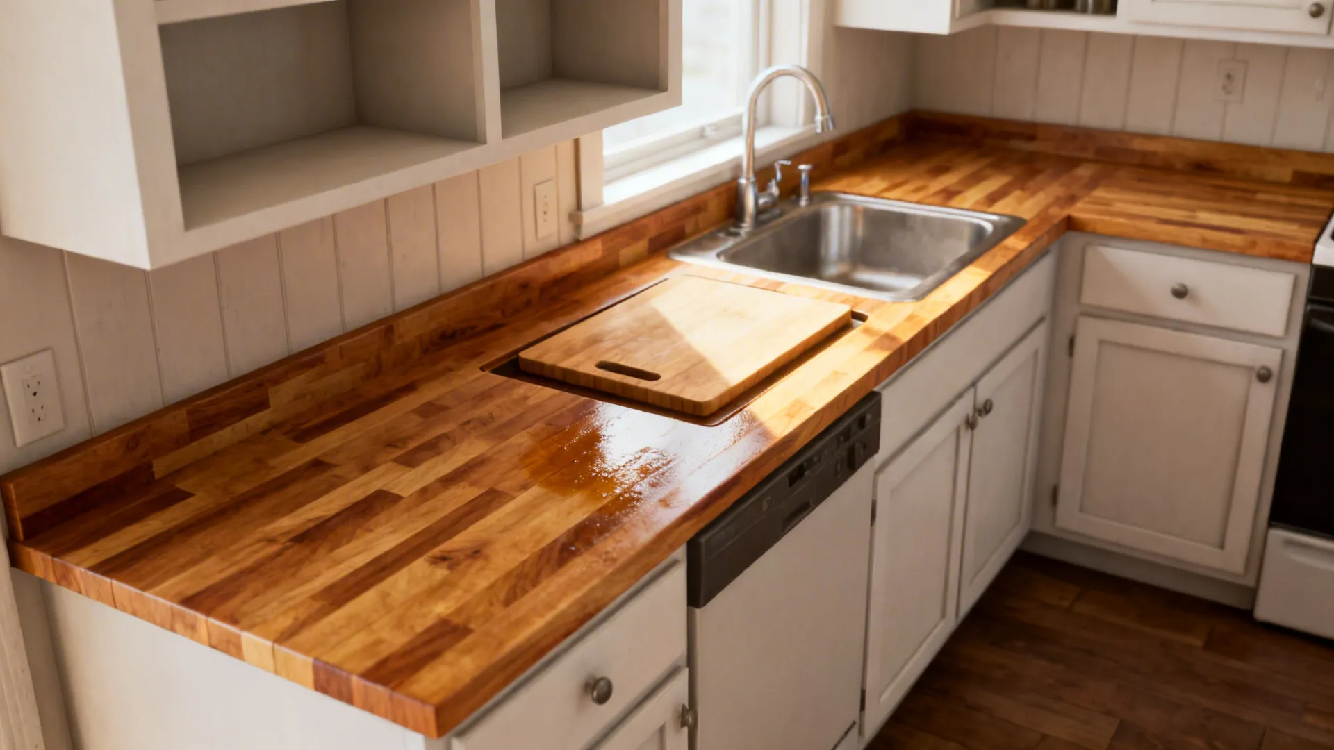 Compact kitchen with warm thin butcher-block countertop and over-sink cutting board