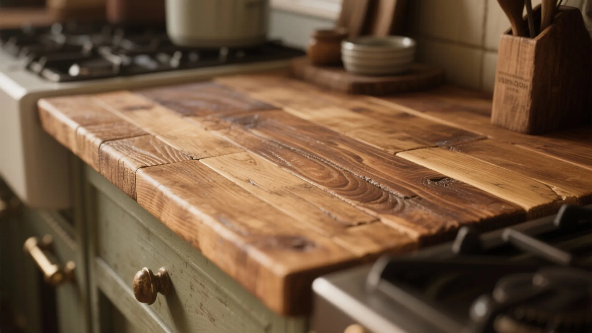 Close-up of warm wooden butcher block countertop