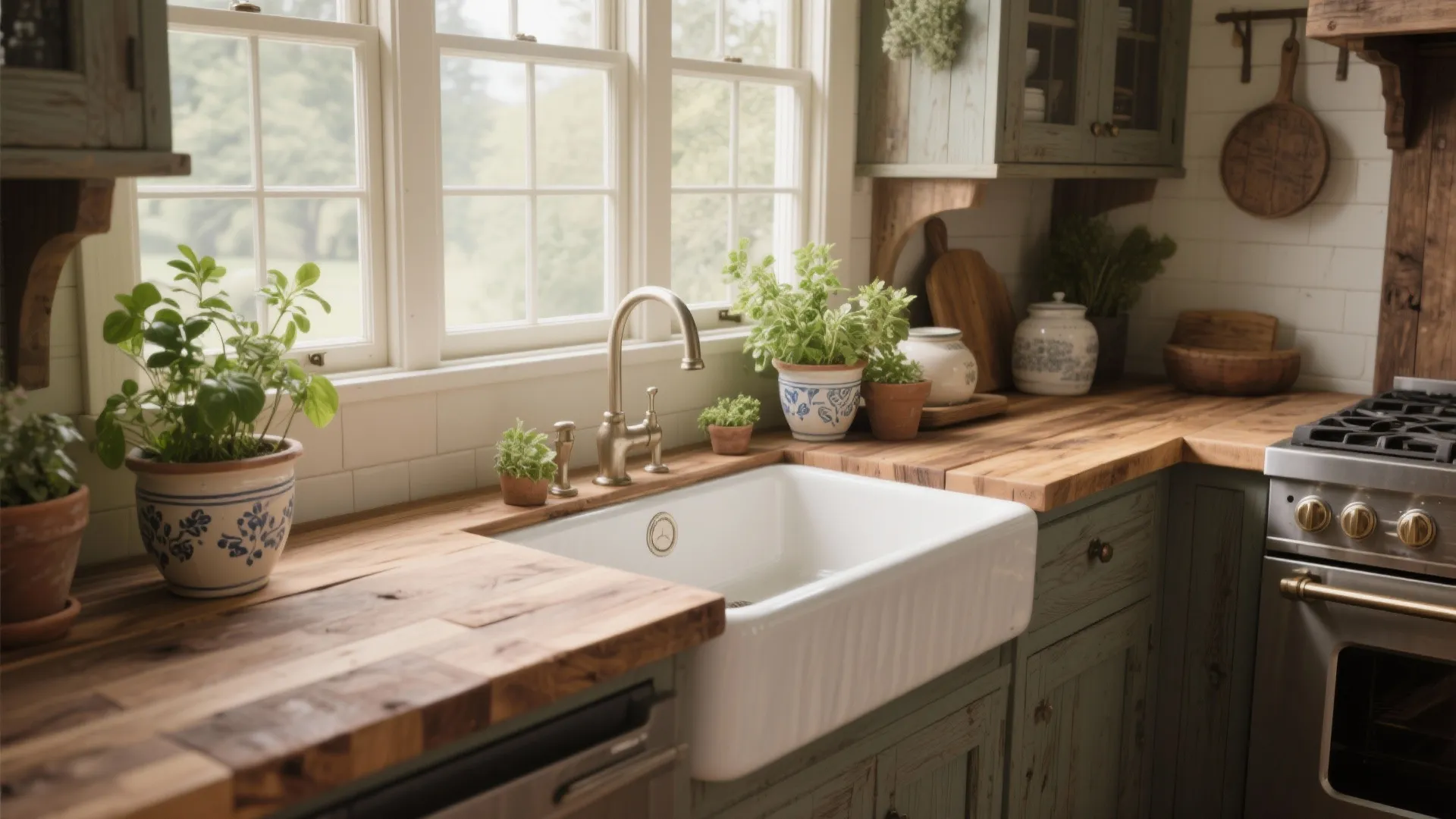 Rustic farmhouse kitchen with wooden butcher block countertops
