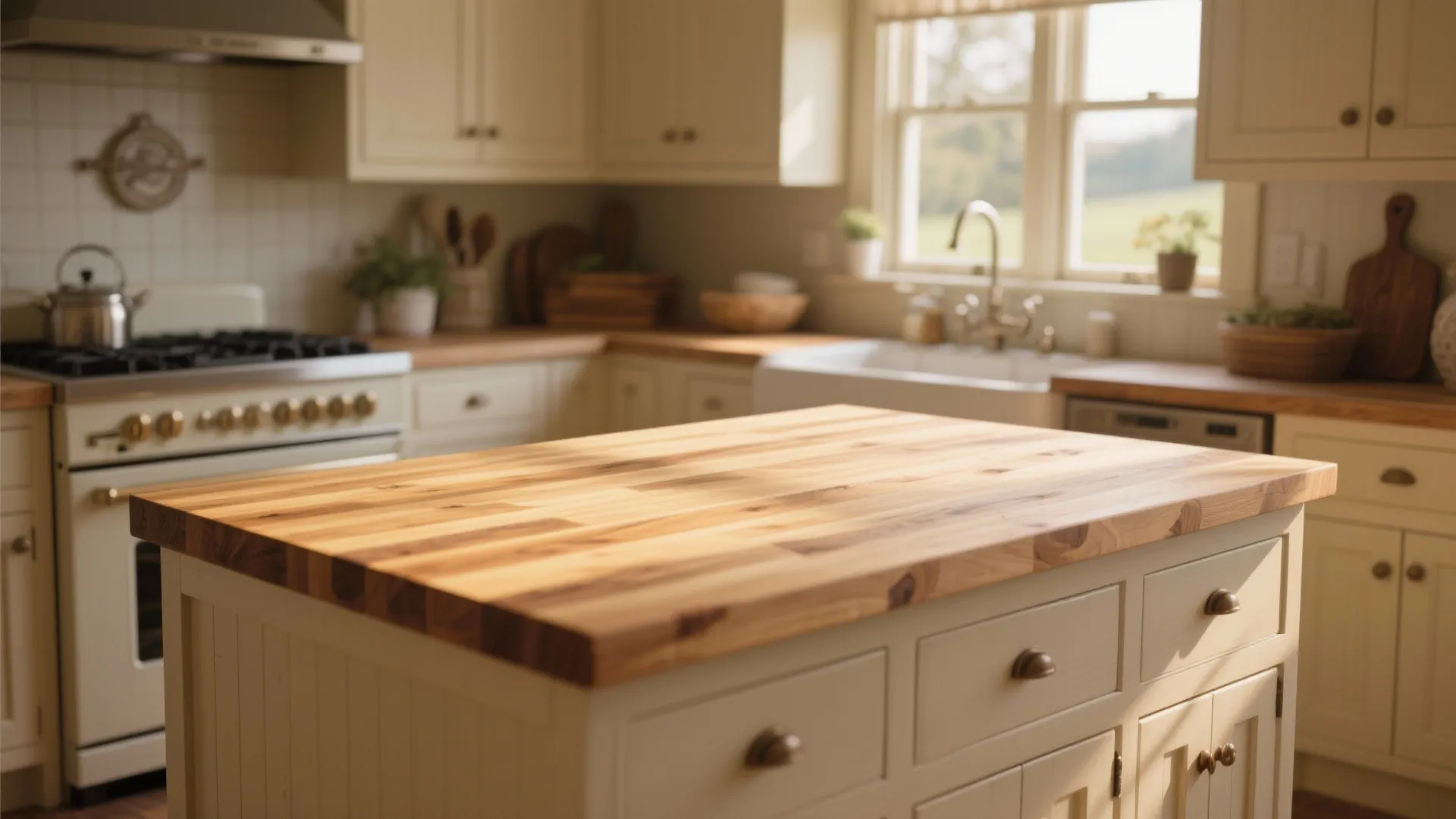 Warm butcher block countertop in a rustic kitchen