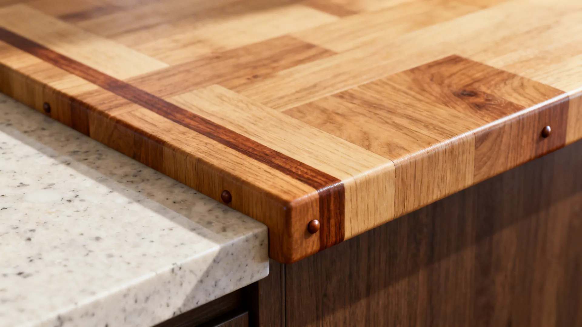 Macro detail of a butcher-block inset transitioning to quartz with walnut edging.