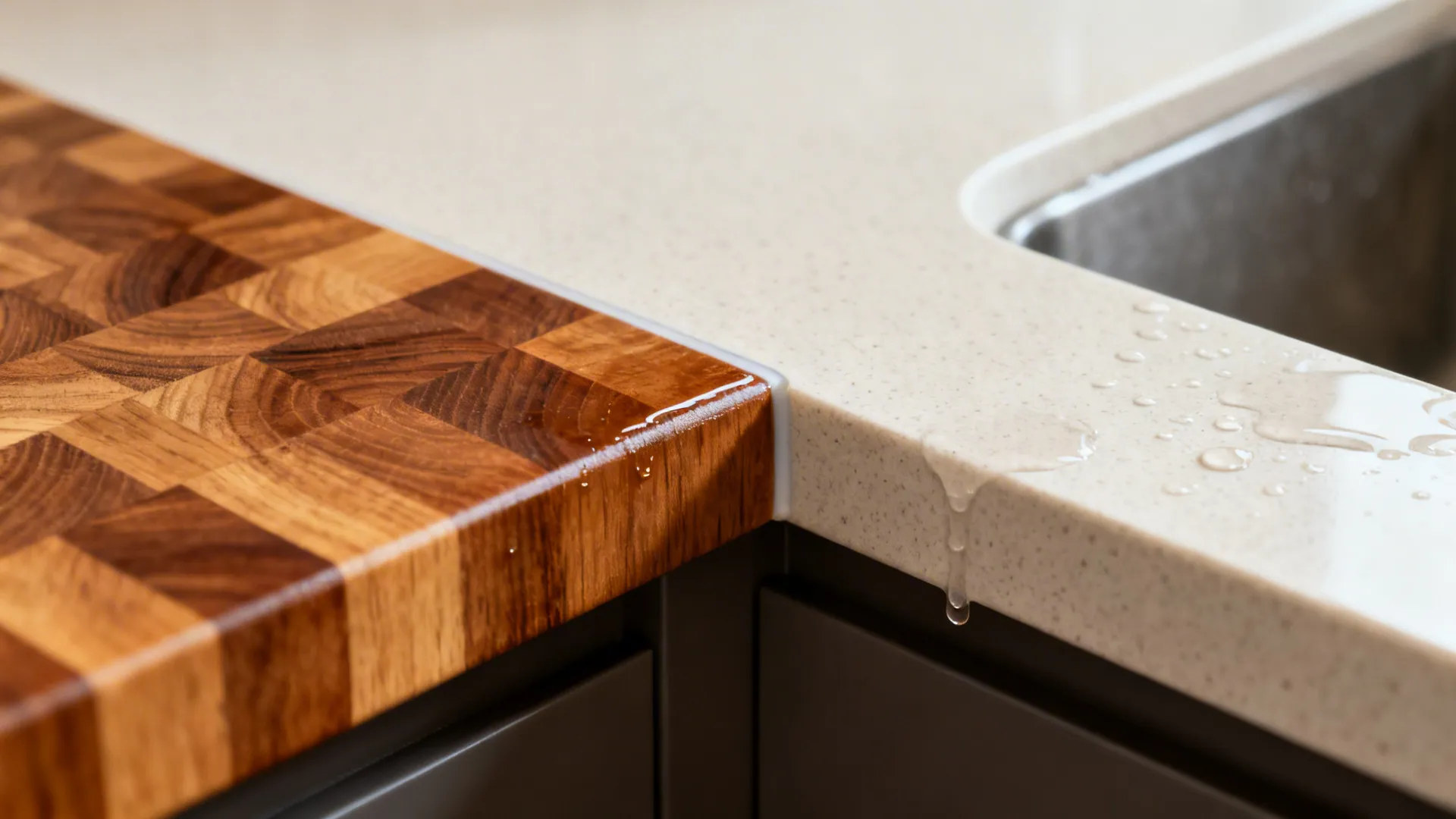 Macro of sealed butcher block meeting quartz with a discreet drip edge by the sink.