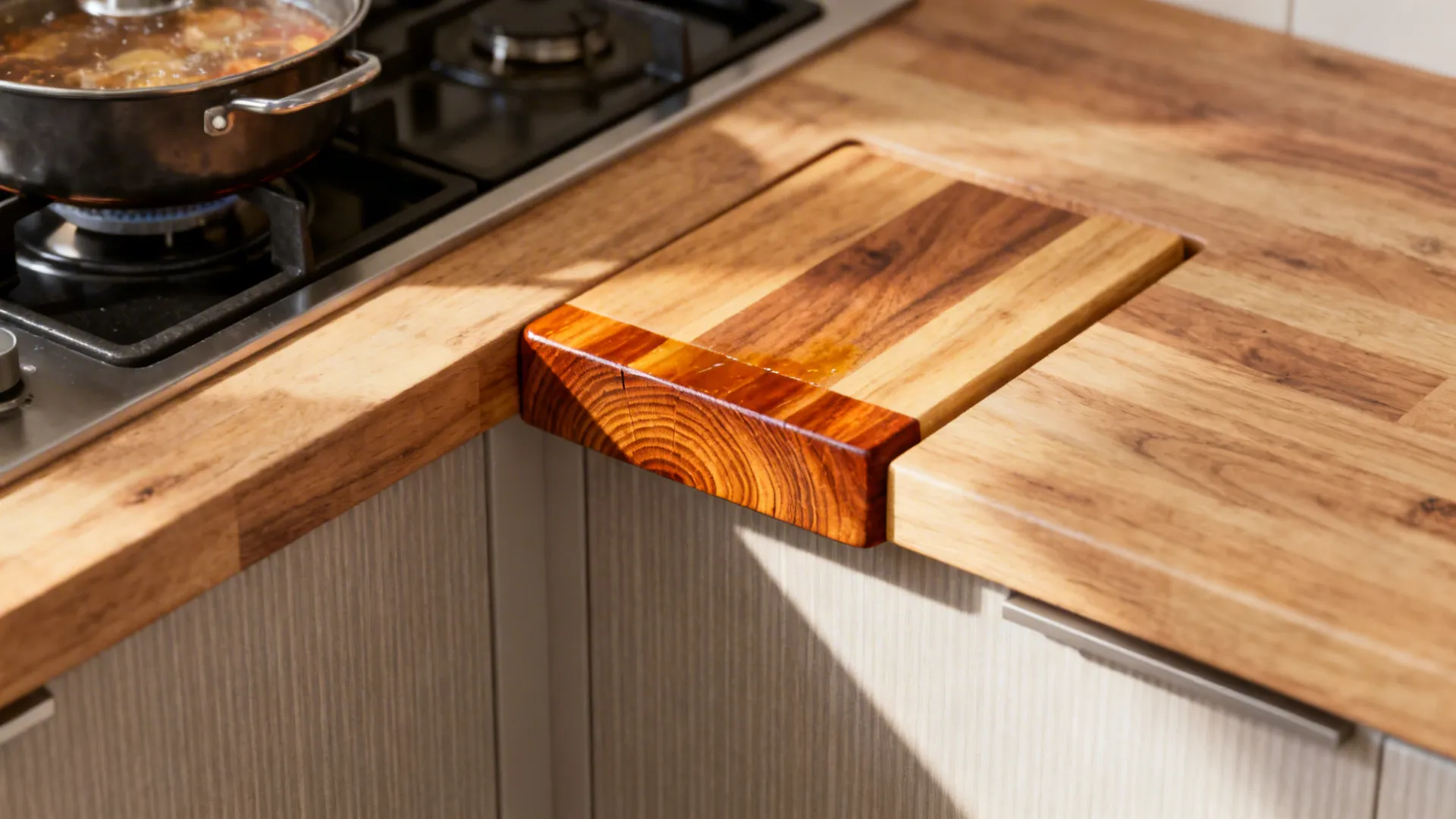 Close-up of a warm butcher-block prep section integrated into a small kitchen run.