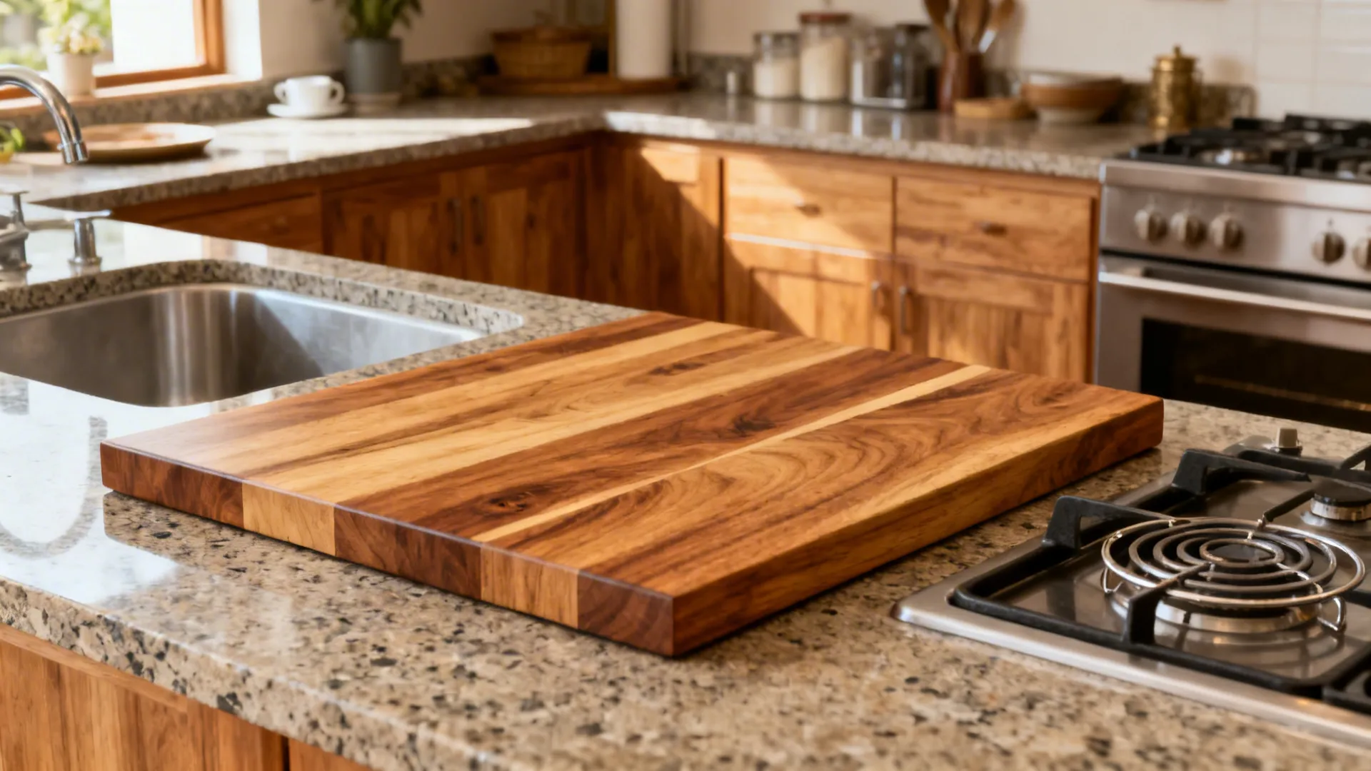 Large wooden cutting board placed on a granite kitchen countertop near a sink and stove