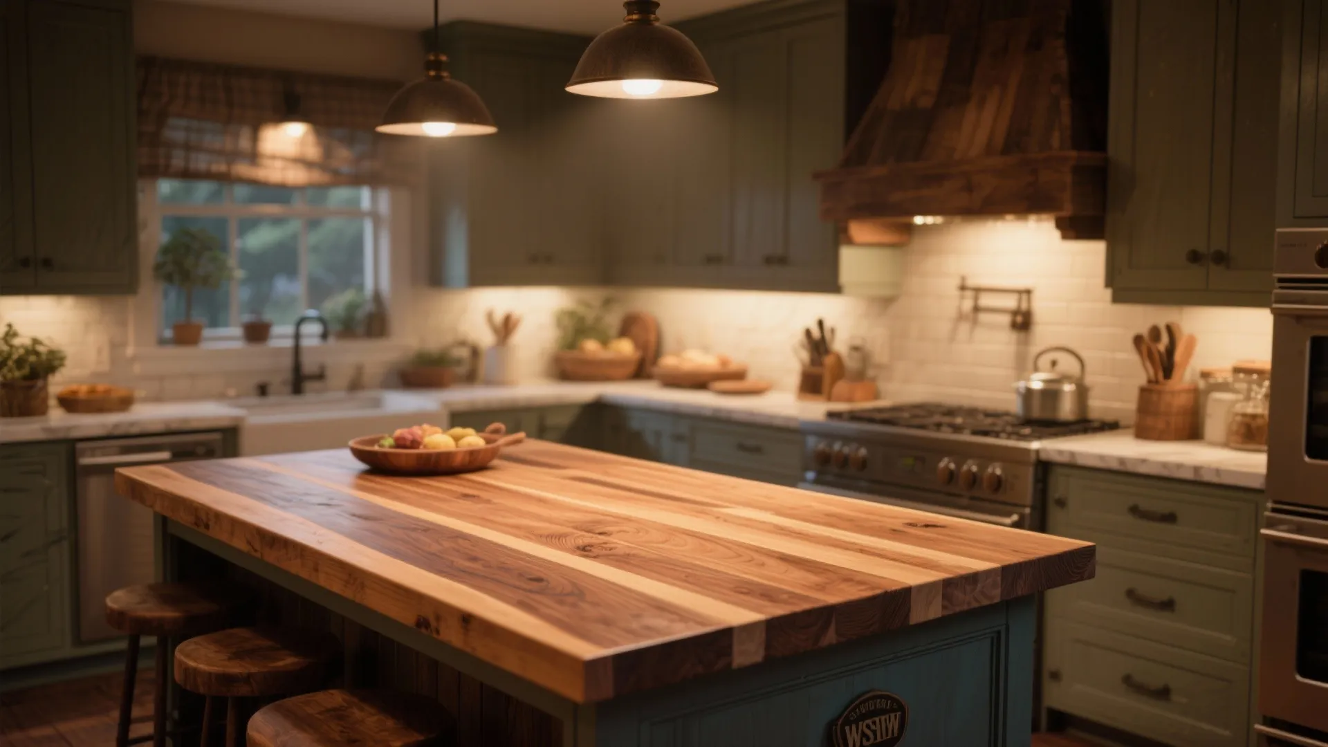 Rustic kitchen with wooden island green cabinets marble counters two ceiling lights and a large stove
