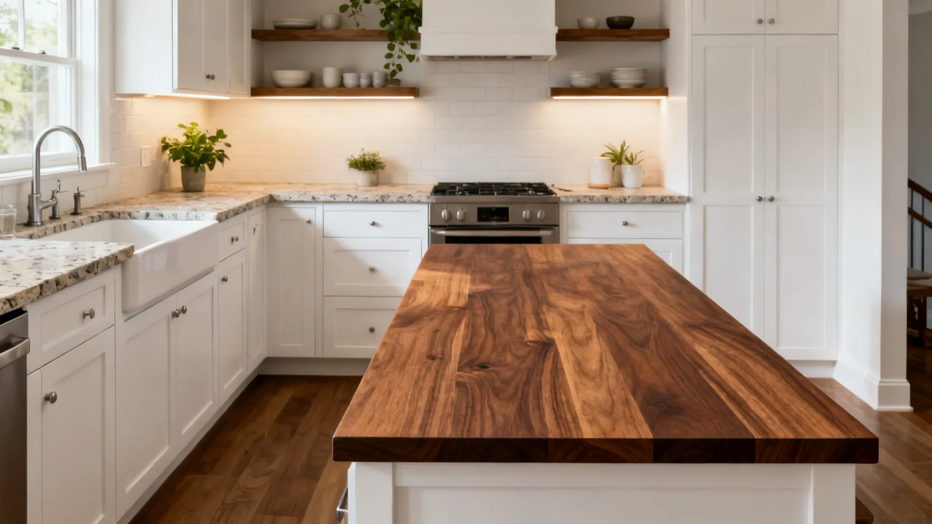 White kitchen with a walnut butcher block island adding warmth and texture.
