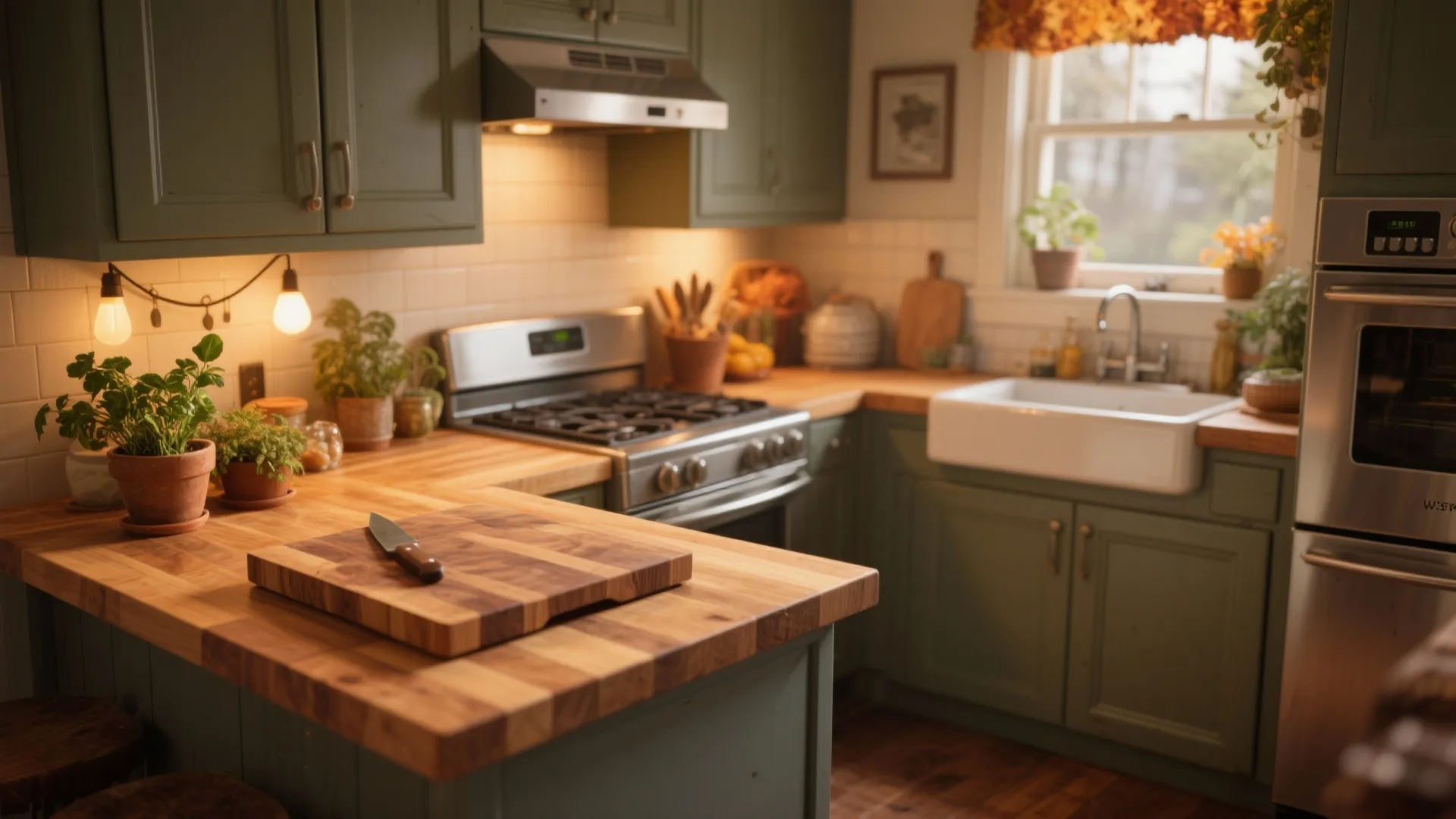 Cozy kitchen featuring green cabinets, wooden countertop, cutting board with knife, sink, and warm lighting