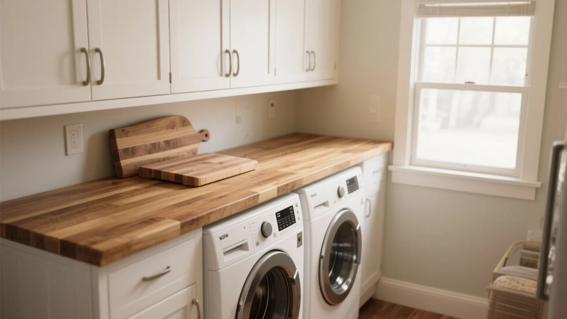 Laundry room featuring wood countertop over white washing machine and dryer with white wall cabinets