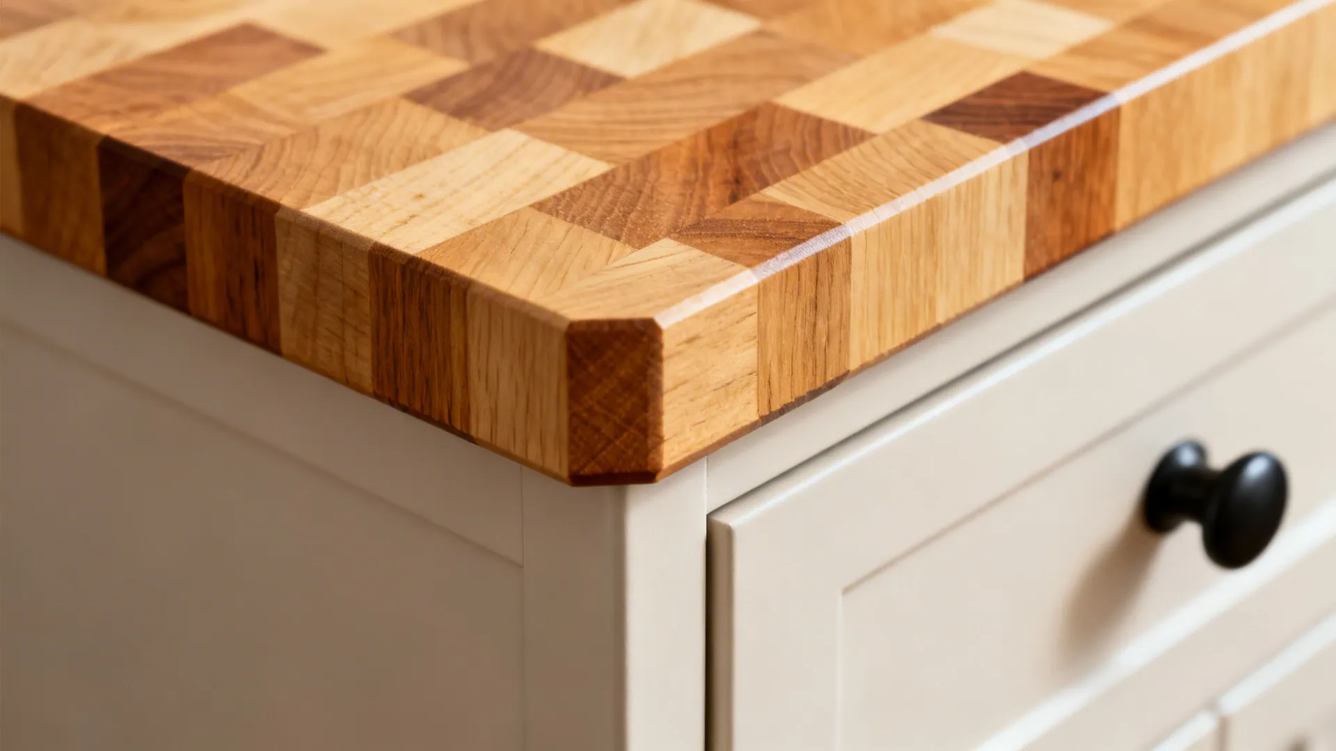 Close up of a thick wooden kitchen countertop with a checkered pattern and white cabinet