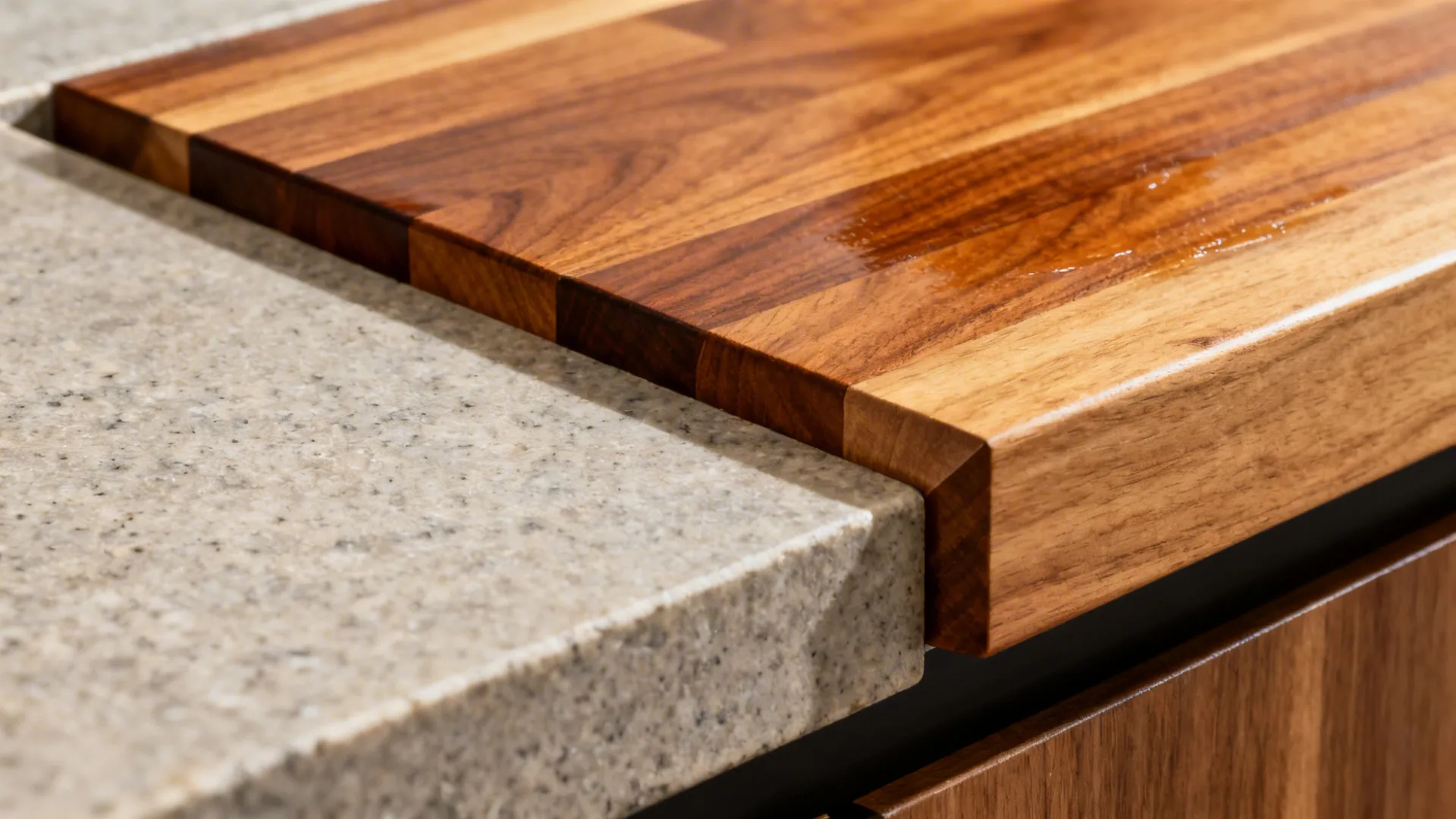 Wooden cutting board resting on light grey stone countertop in a modern and clean space