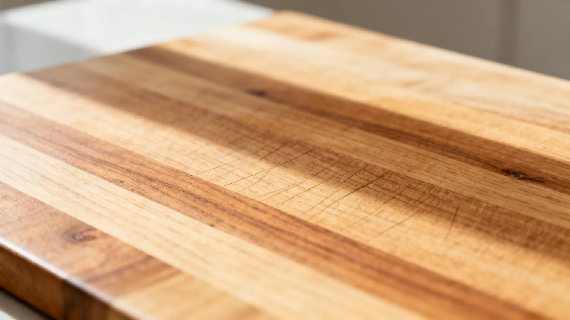 Macro of a matte oiled butcher-block counter showing fine grain and light knife marks.