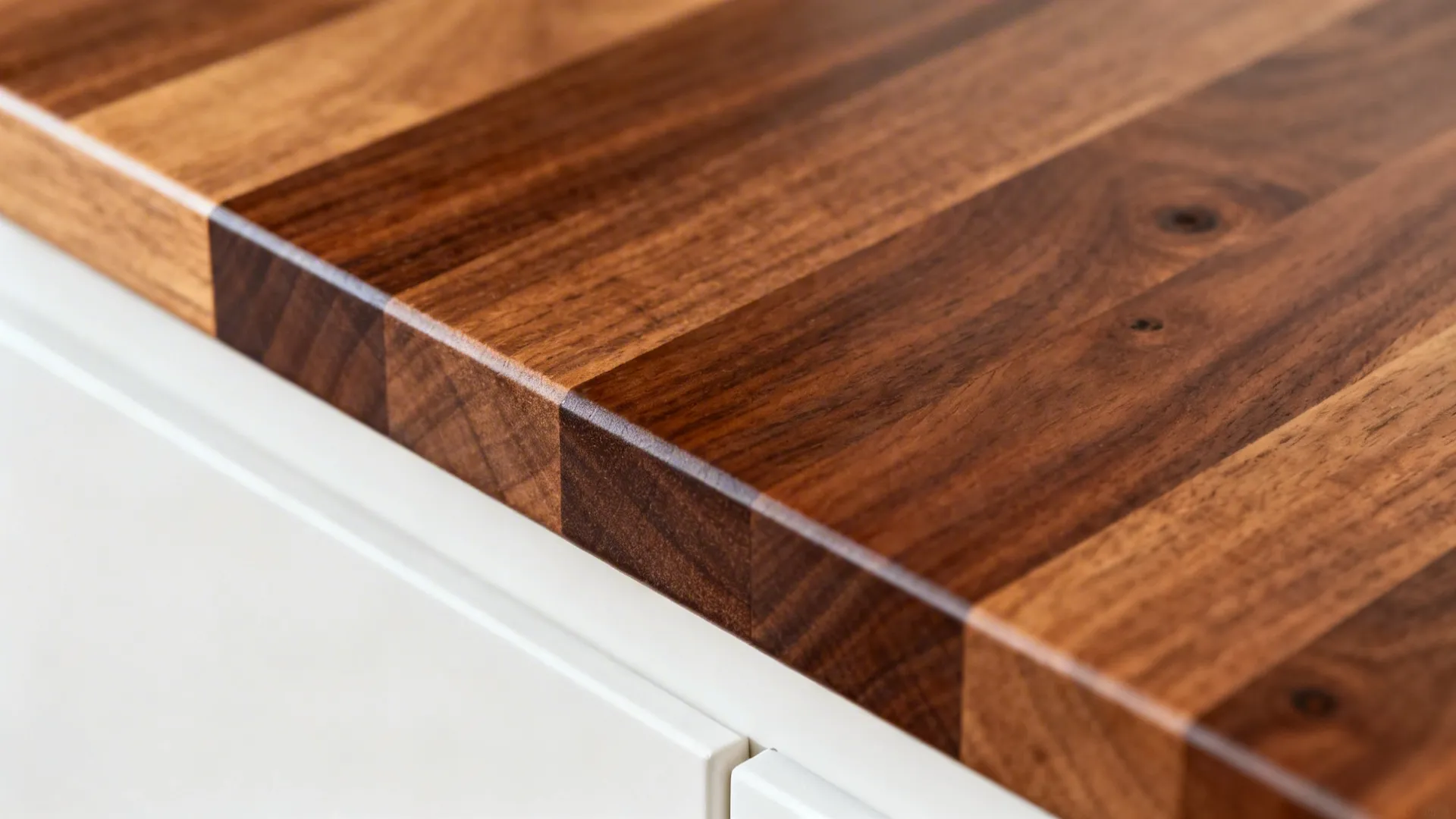 Macro of walnut butcher block end grain with a smooth oiled finish.