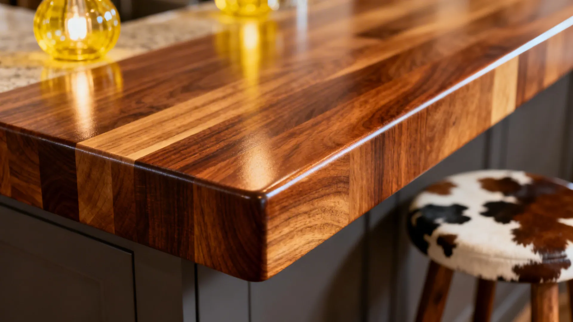 Macro of a butcher-block edge with warm glow and blurred pendant behind.