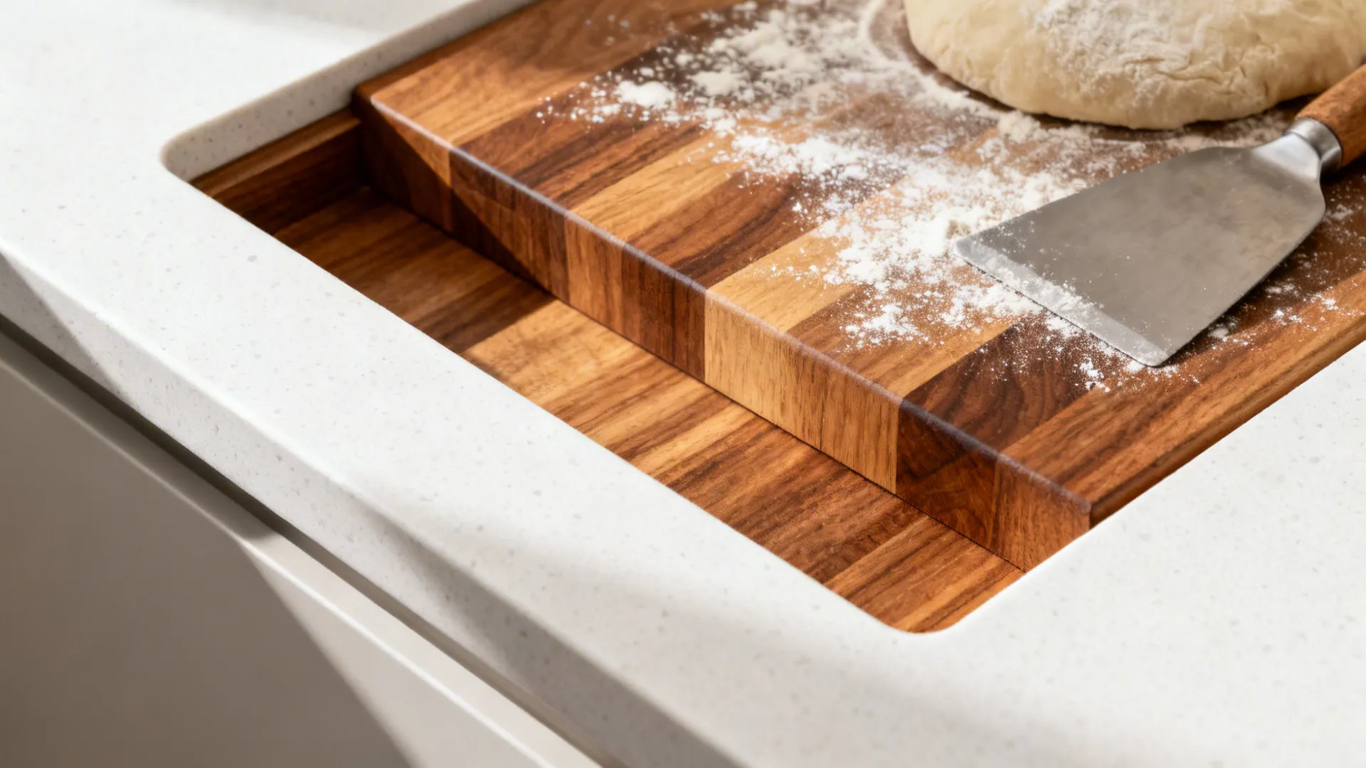 Macro of an oak butcher-block inset into a white quartz countertop with flour dusting.