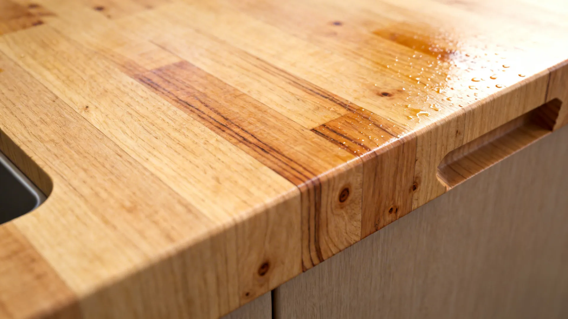 Macro of light-oak butcher block with oiled surface and fine knife marks.