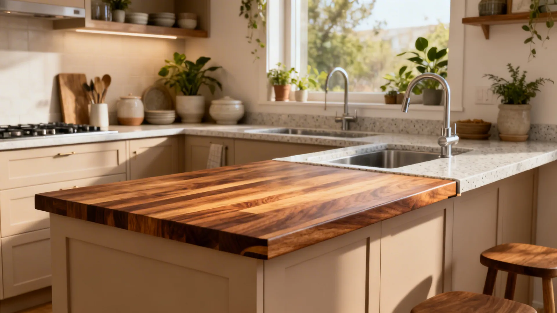 Compact kitchen with glowing walnut butcher block breakfast bar beside quartz.