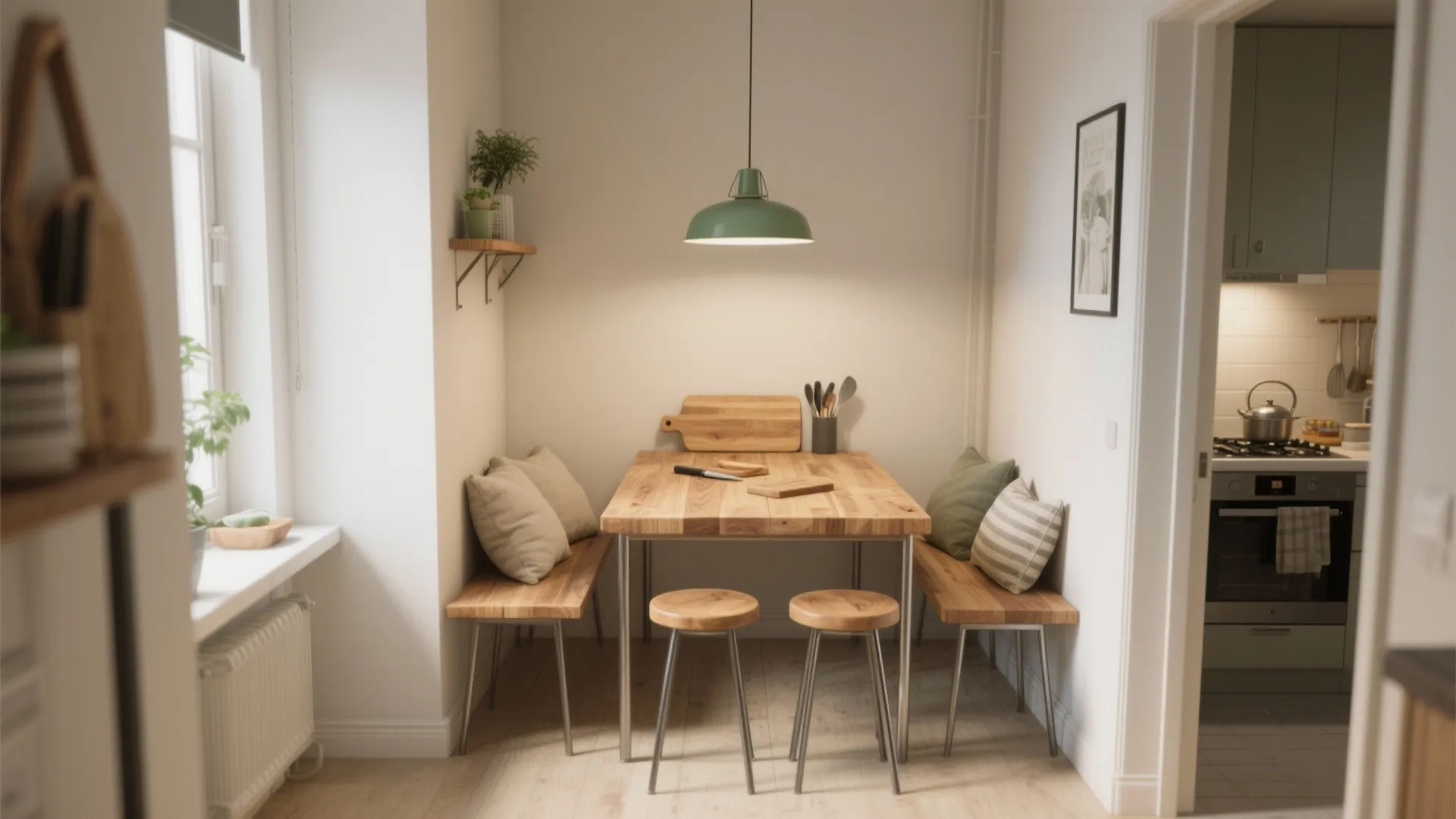 Small dining nook with wooden table wooden benches green ceiling light pillows and a white wall