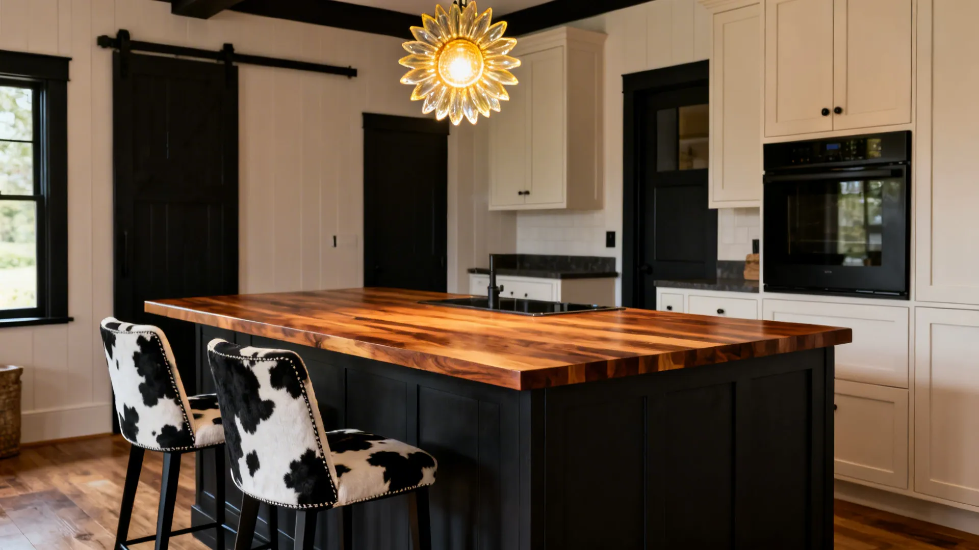 Butcher-block peninsula with a sunflower-glass pendant and faux-cowhide stools.