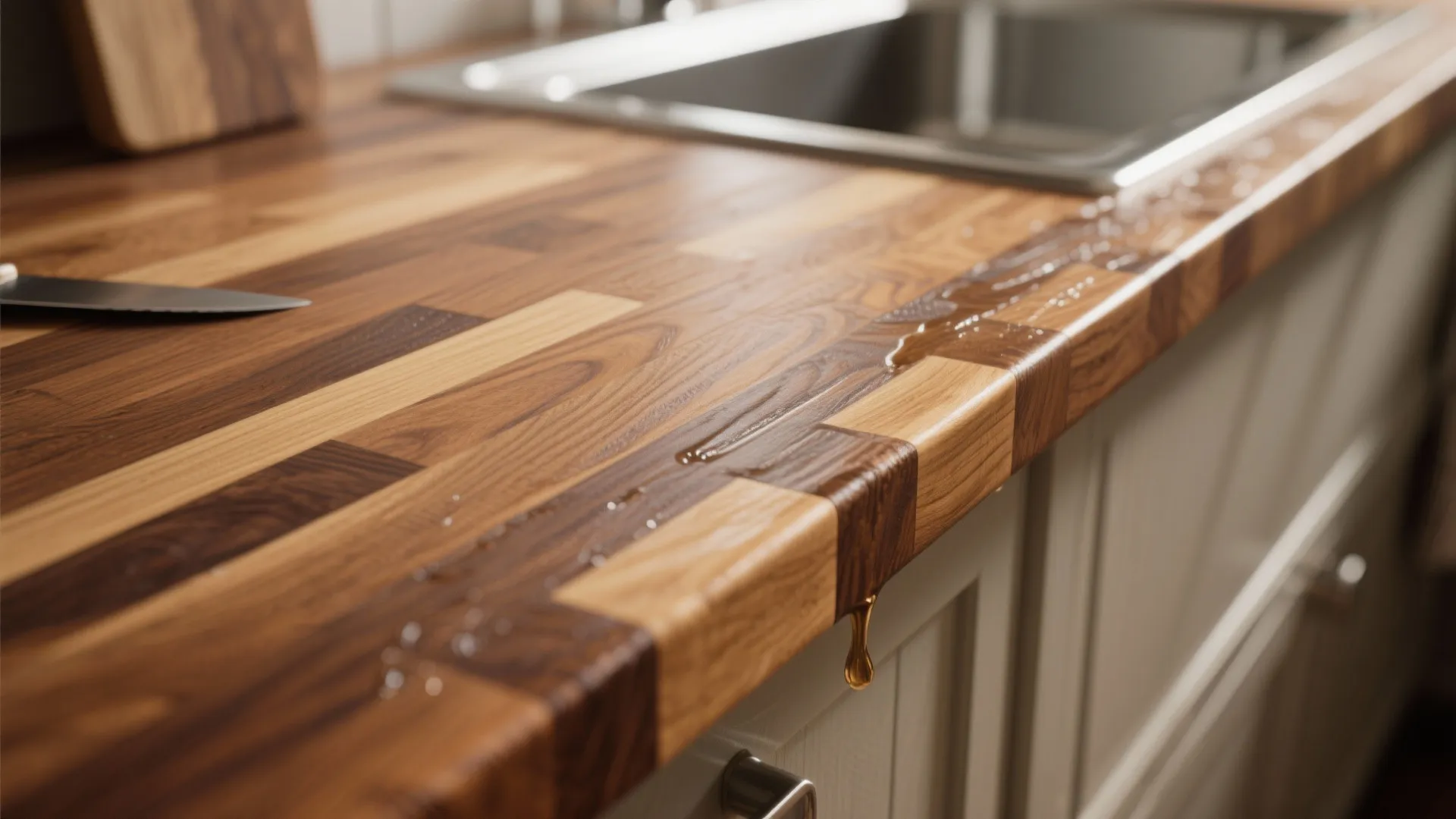 Close up of water spilling on a wooden kitchen countertop near a sink and knife