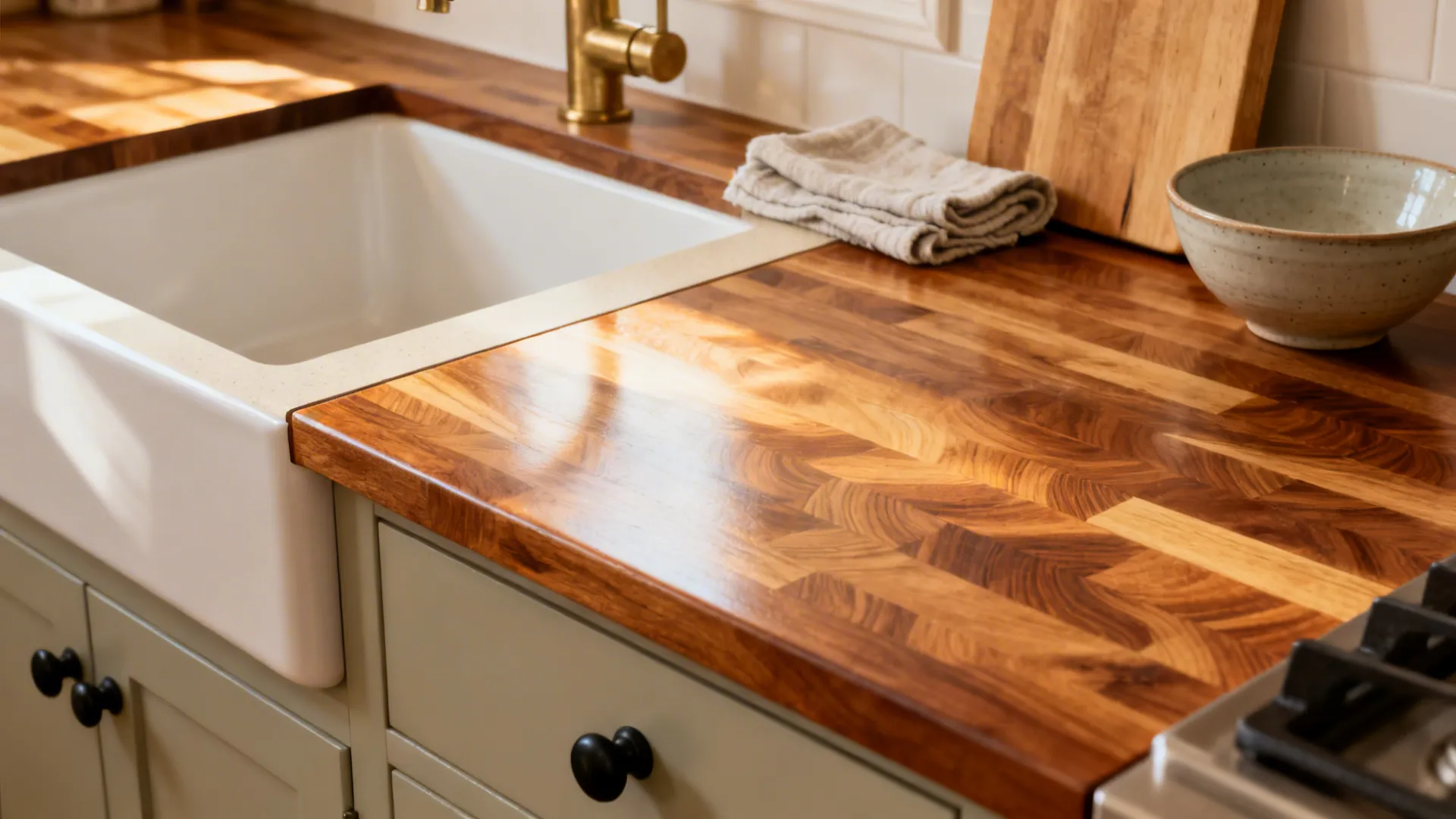 Warm oiled butcher-block counter in a small rustic kitchen with matte hardware and mixed materials.